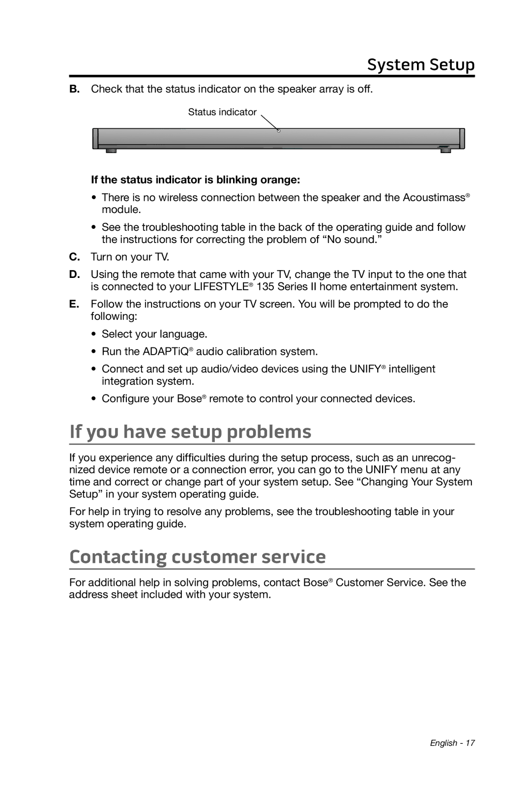 Bose 135 setup guide If you have setup problems, Contacting customer service, If the status indicator is blinking orange 