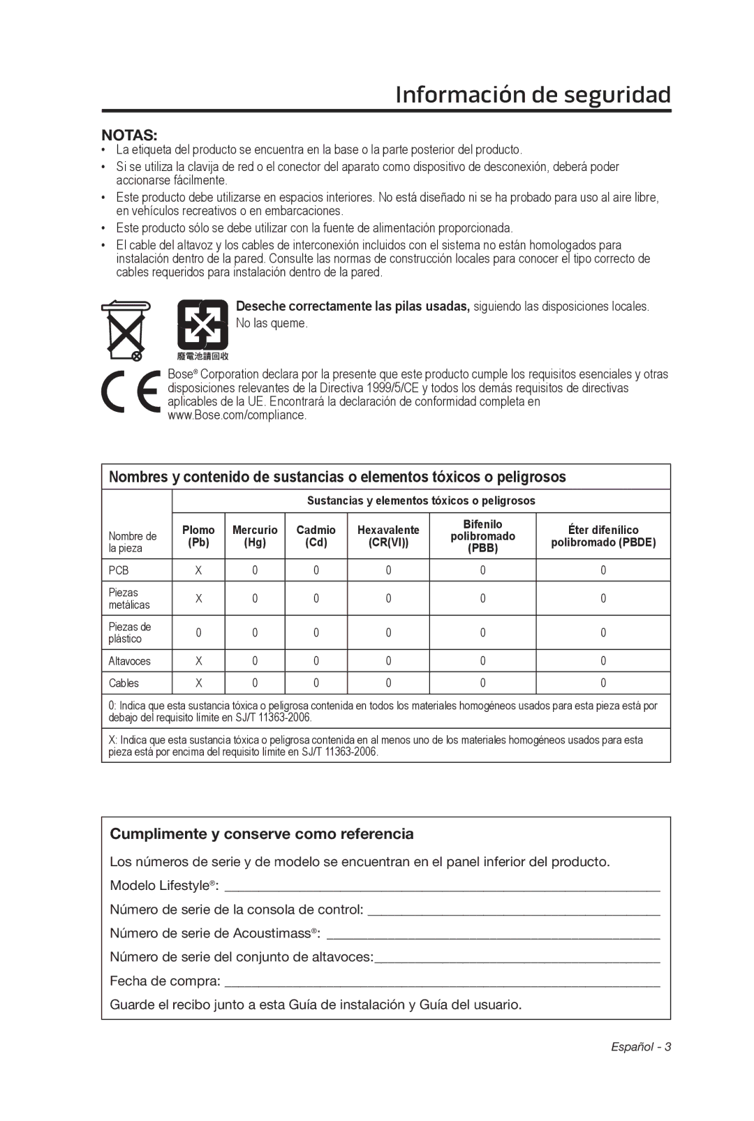 Bose 135 setup guide Notas, Cumplimente y conserve como referencia 