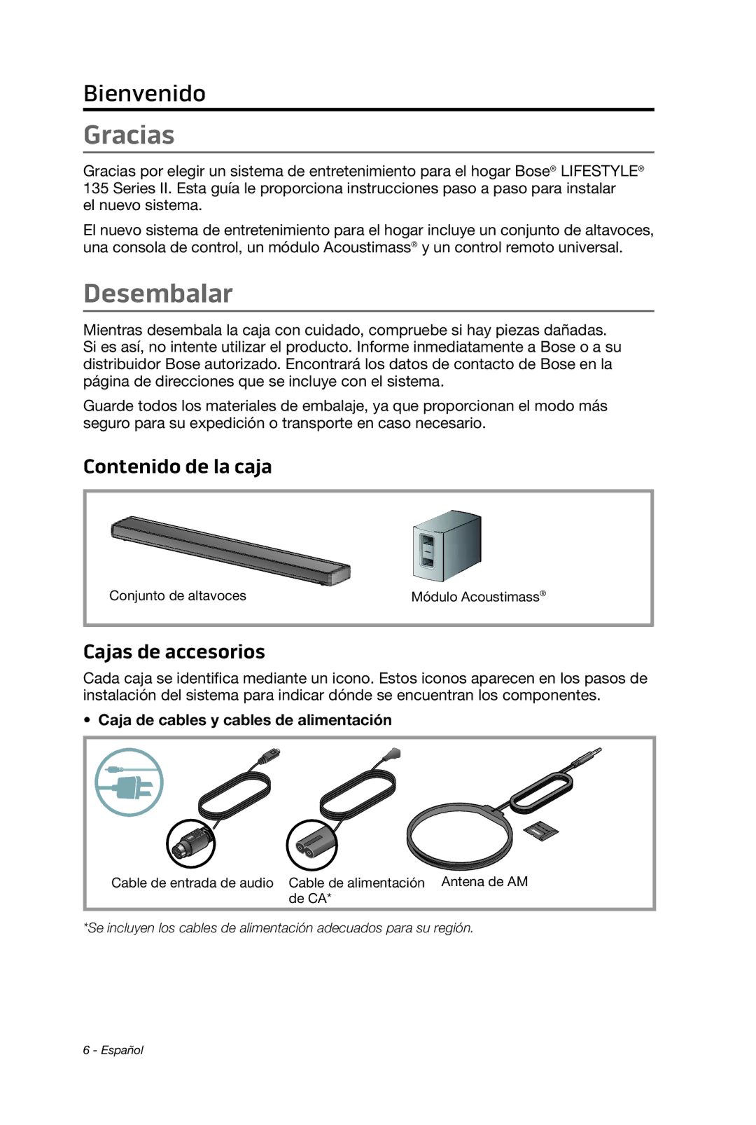 Bose 135 Gracias, Desembalar, Contenido de la caja, Cajas de accesorios, Caja de cables y cables de alimentación 