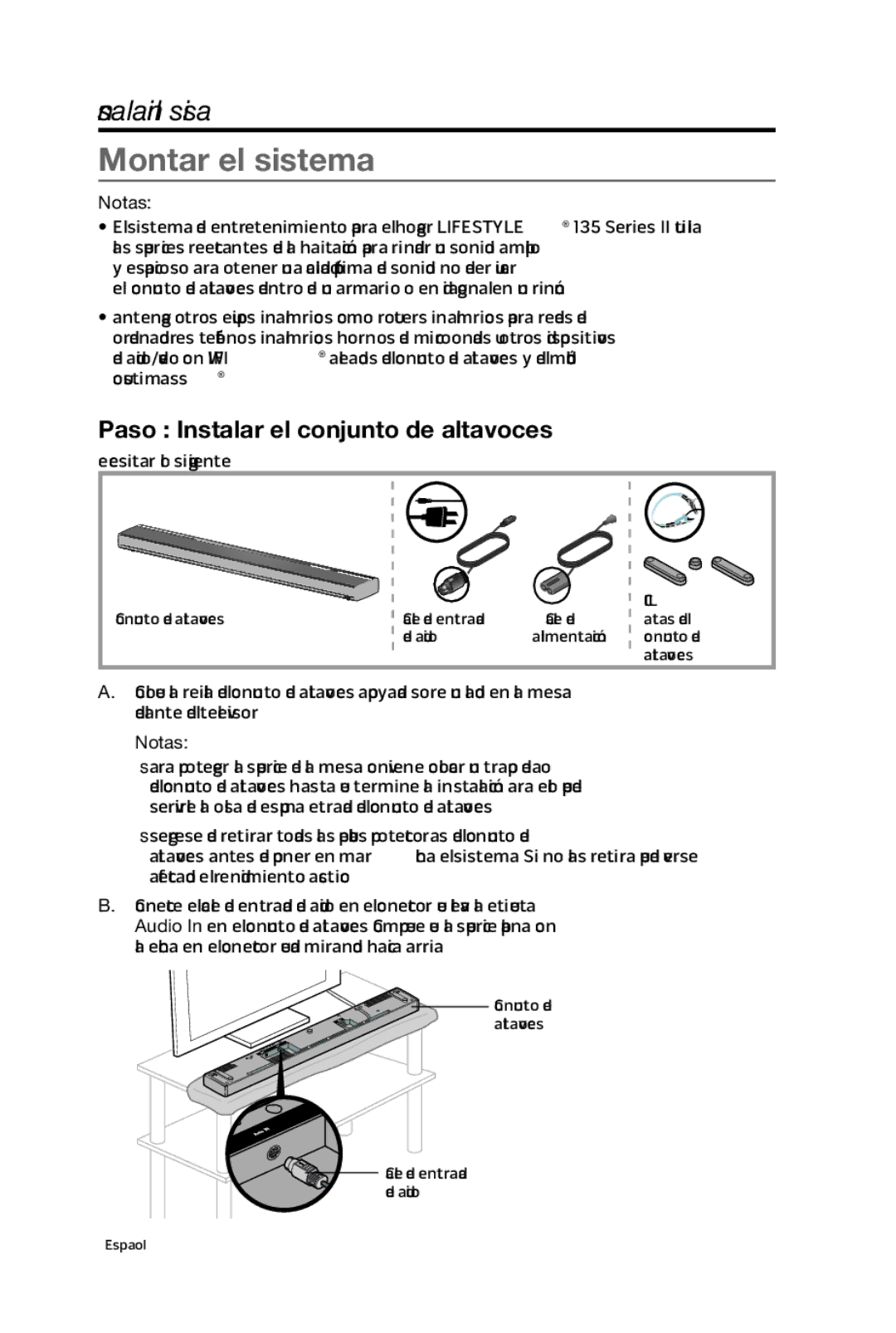 Bose 135 setup guide Montar el sistema, Paso 1 Instalar el conjunto de altavoces, Notas 