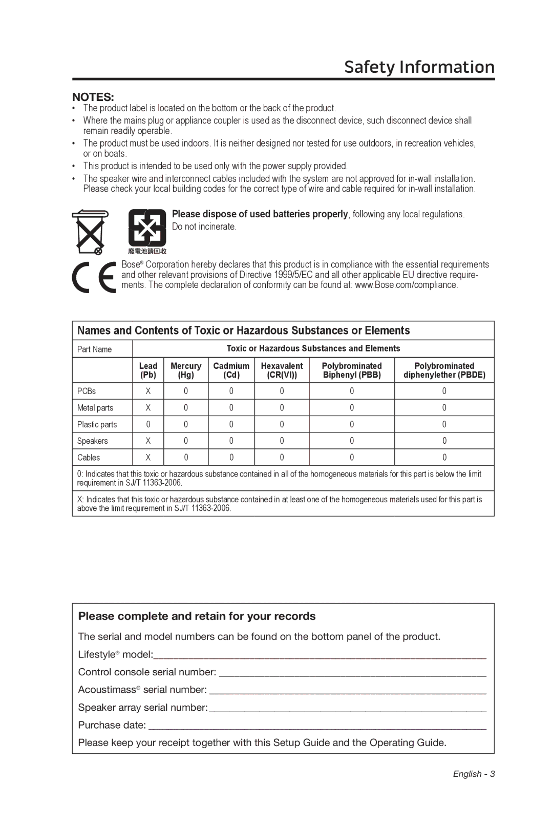 Bose 135 setup guide Please complete and retain for your records, Part Name 