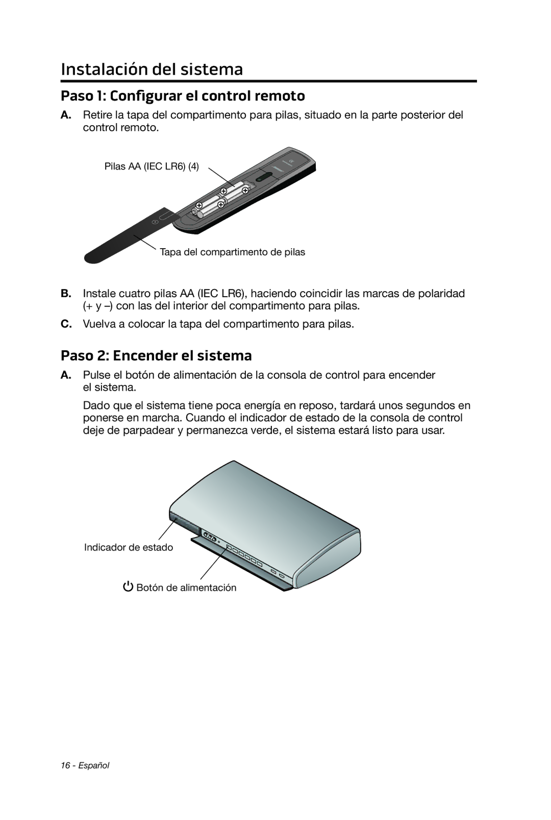 Bose 135 setup guide Paso 1 Configurar el control remoto, Paso 2 Encender el sistema 