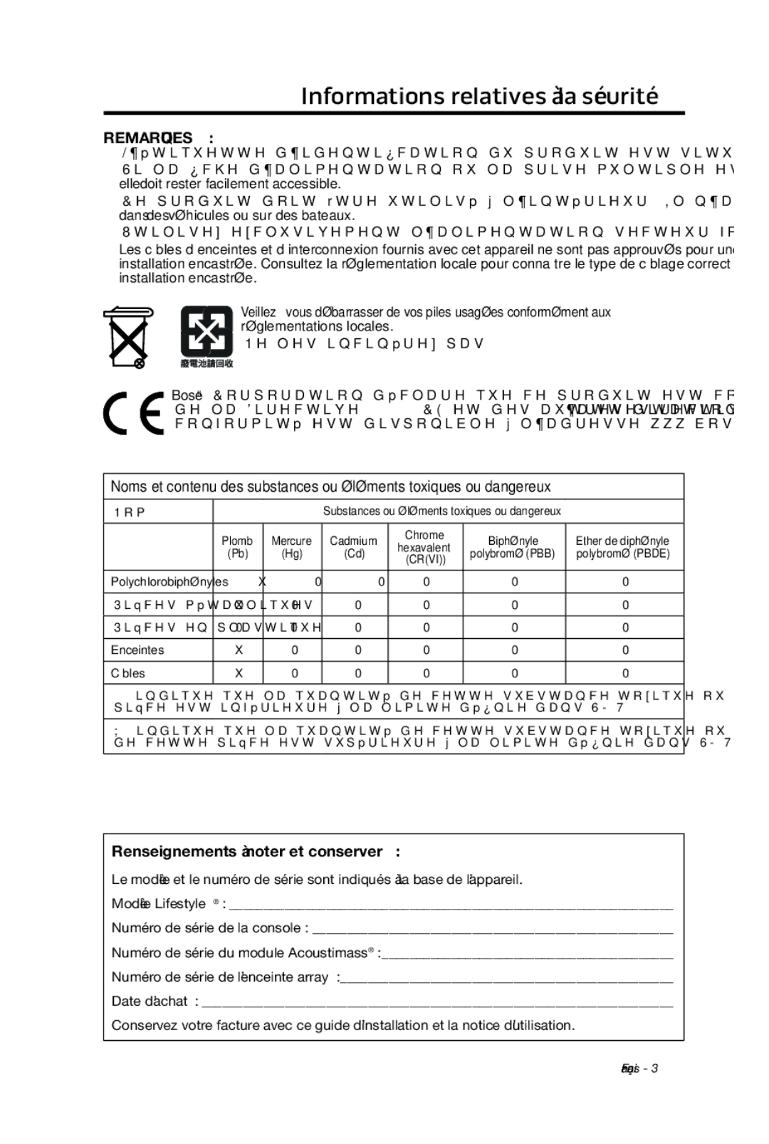 Bose 135 setup guide Remarques, Renseignements à noter et conserver 