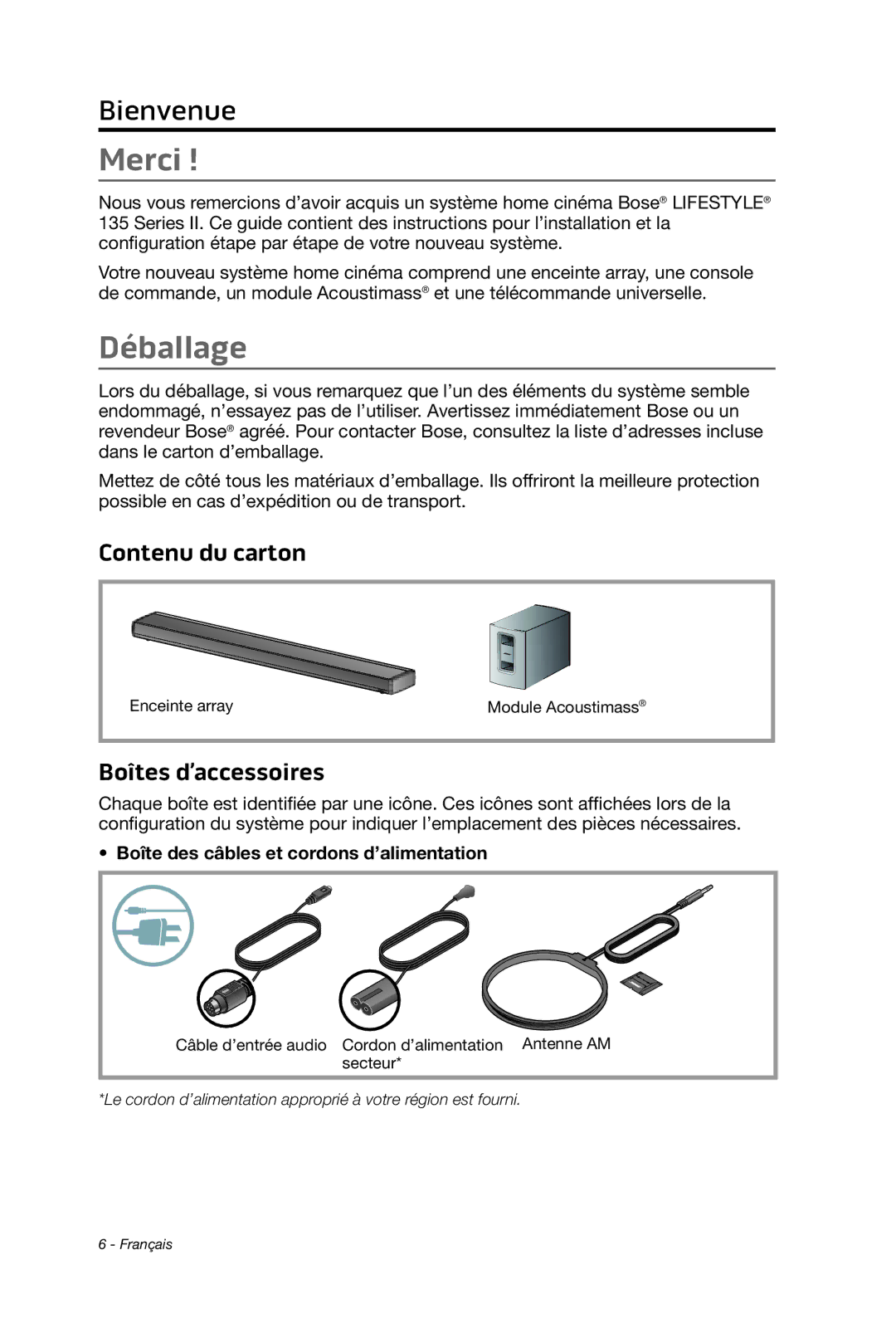 Bose 135 setup guide Merci, Déballage, Contenu du carton, Boîtes d’accessoires, Boîte des câbles et cordons d’alimentation 