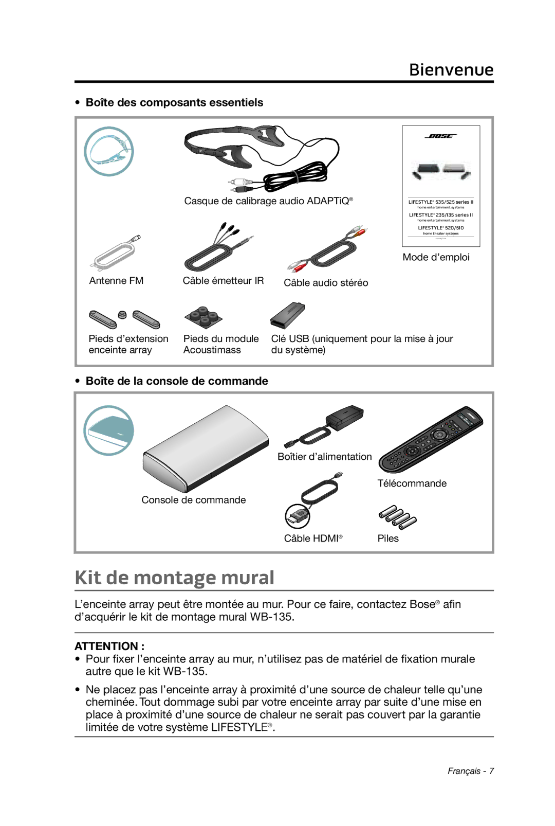 Bose 135 setup guide Kit de montage mural, Boîte des composants essentiels, Boîte de la console de commande 