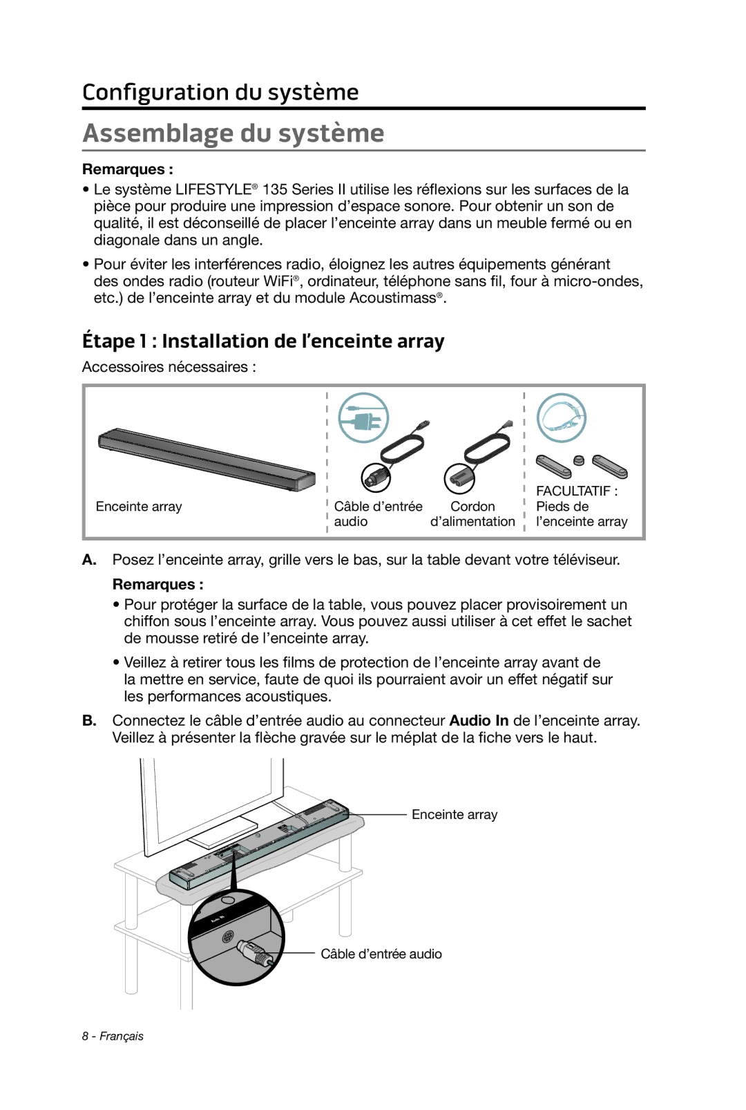 Bose 135 setup guide Assemblage du système, Étape 1 Installation de l’enceinte array, Remarques 