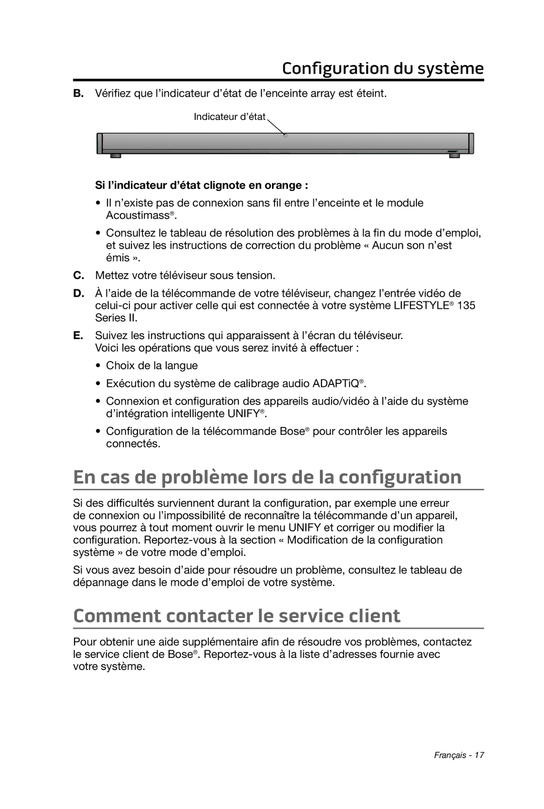 Bose 135 setup guide En cas de problème lors de la configuration, Comment contacter le service client 