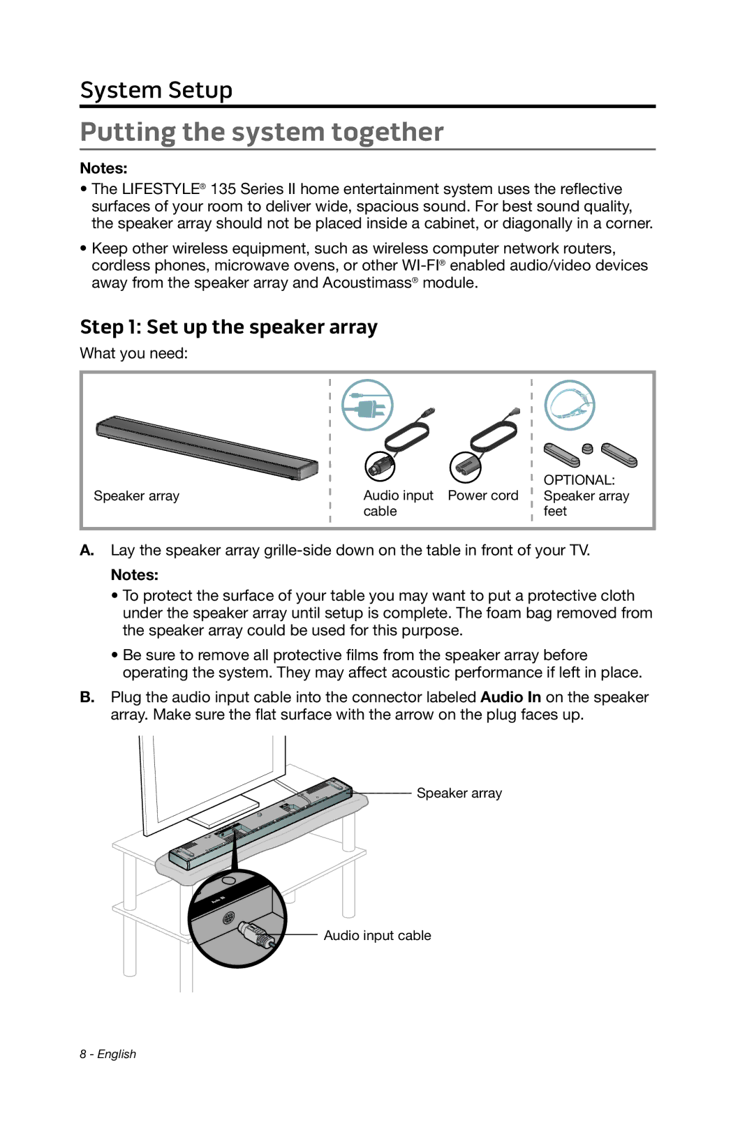 Bose 135 setup guide Putting the system together, Set up the speaker array 