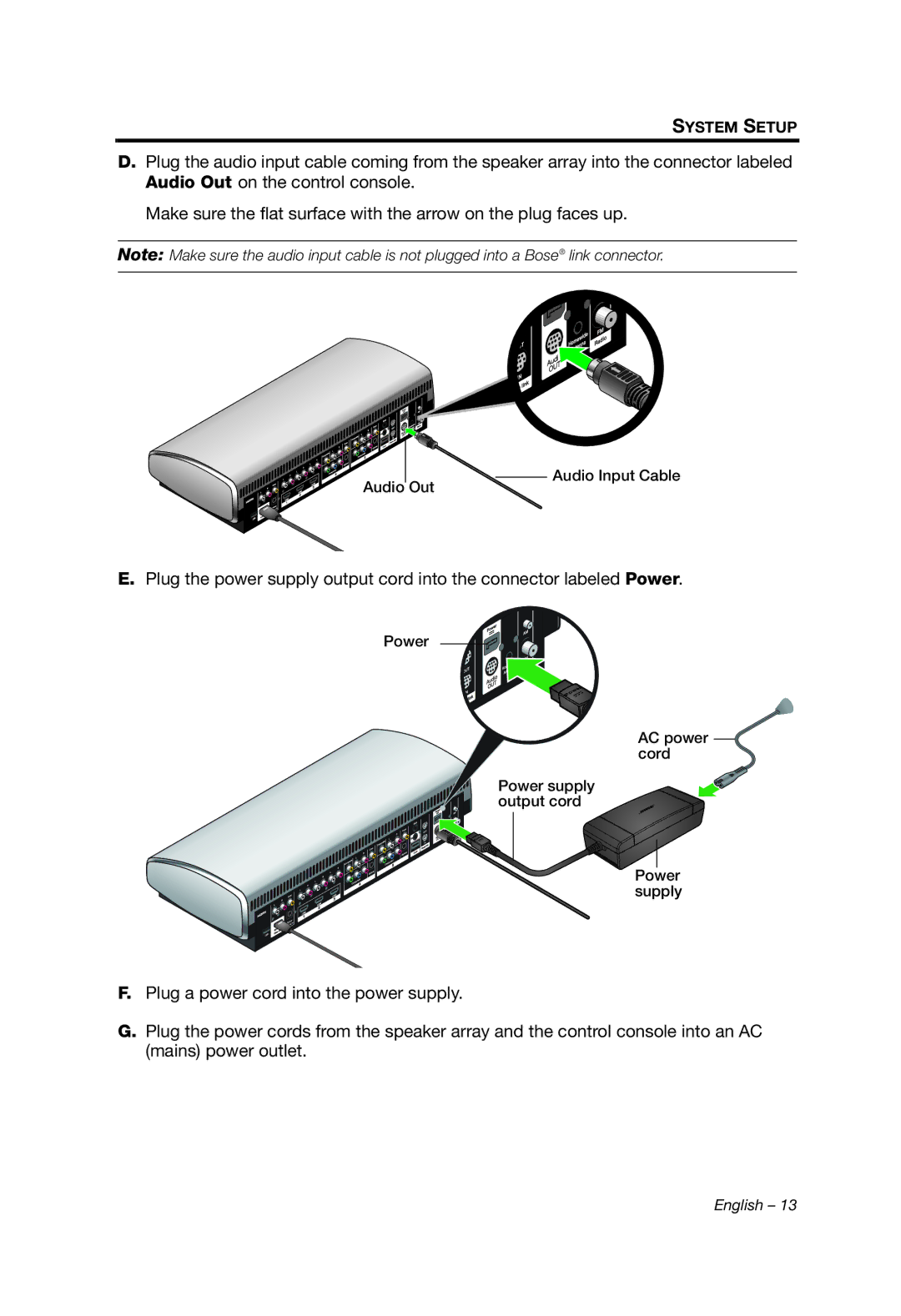 Bose 135 setup guide Audio Input Cable Audio Out 