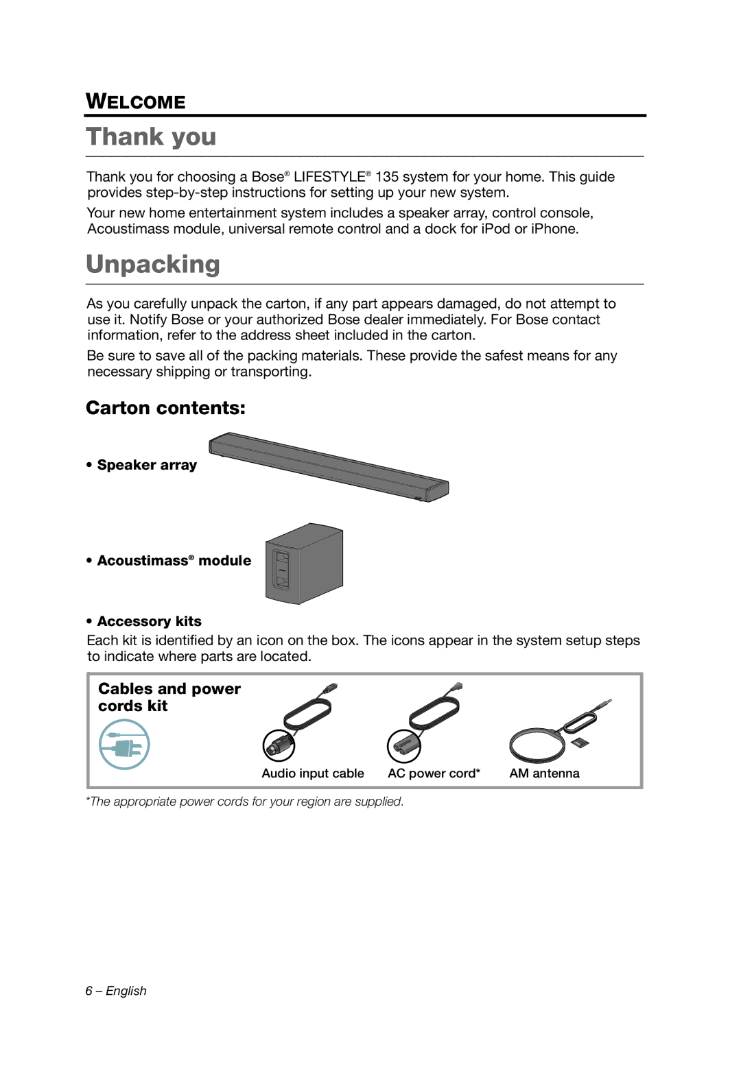 Bose 135 setup guide Thank you, Unpacking 