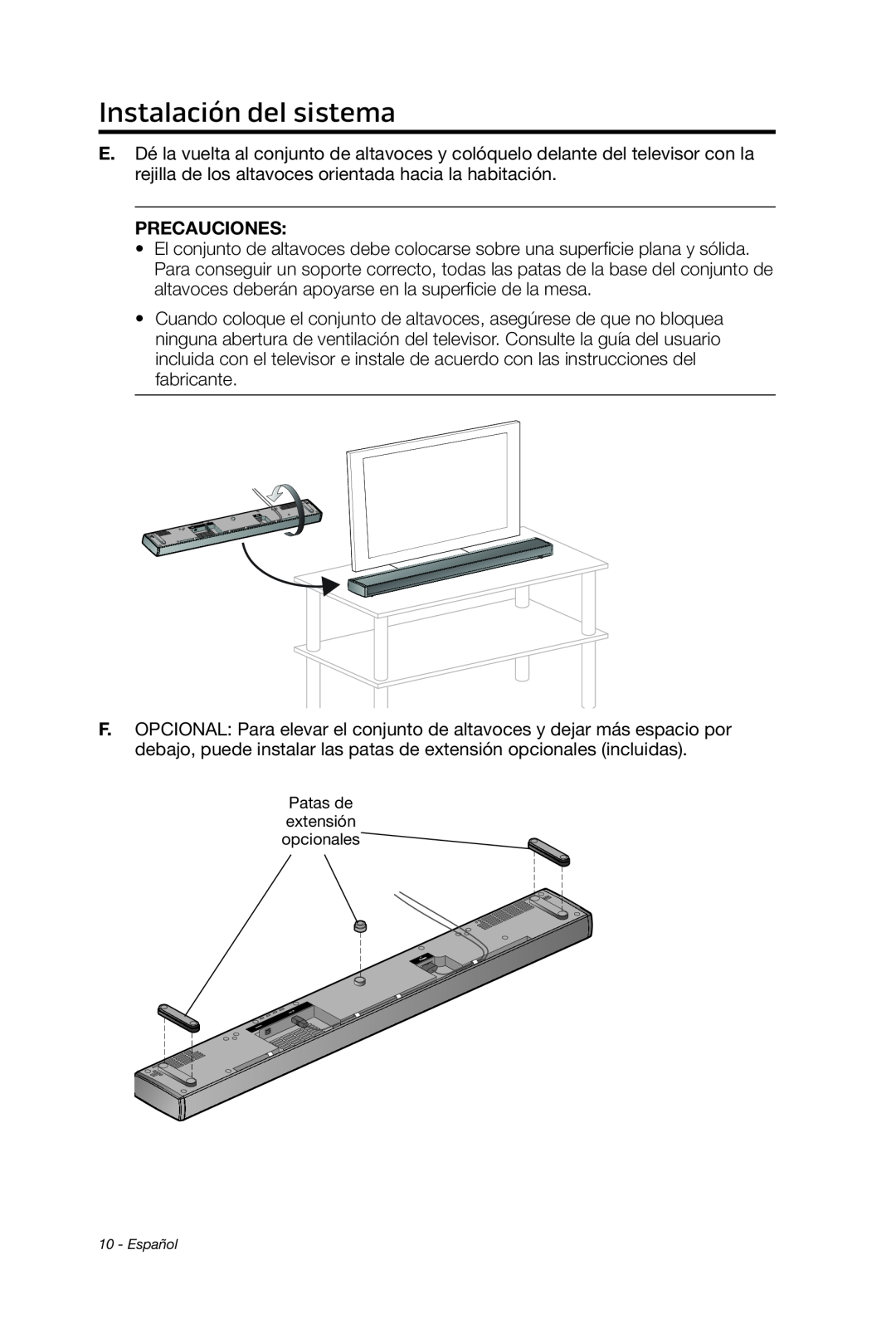 Bose 135 setup guide Instalación del sistema, Precauciones, Patas de extensión opcionales, Español 