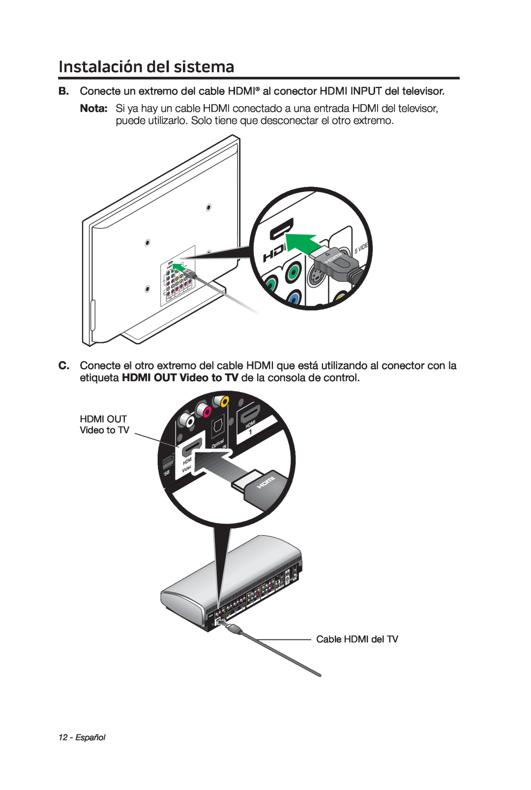 Bose 135 setup guide Instalación del sistema, HDMI OUT Video to TV Cable HDMI del TV, Español 