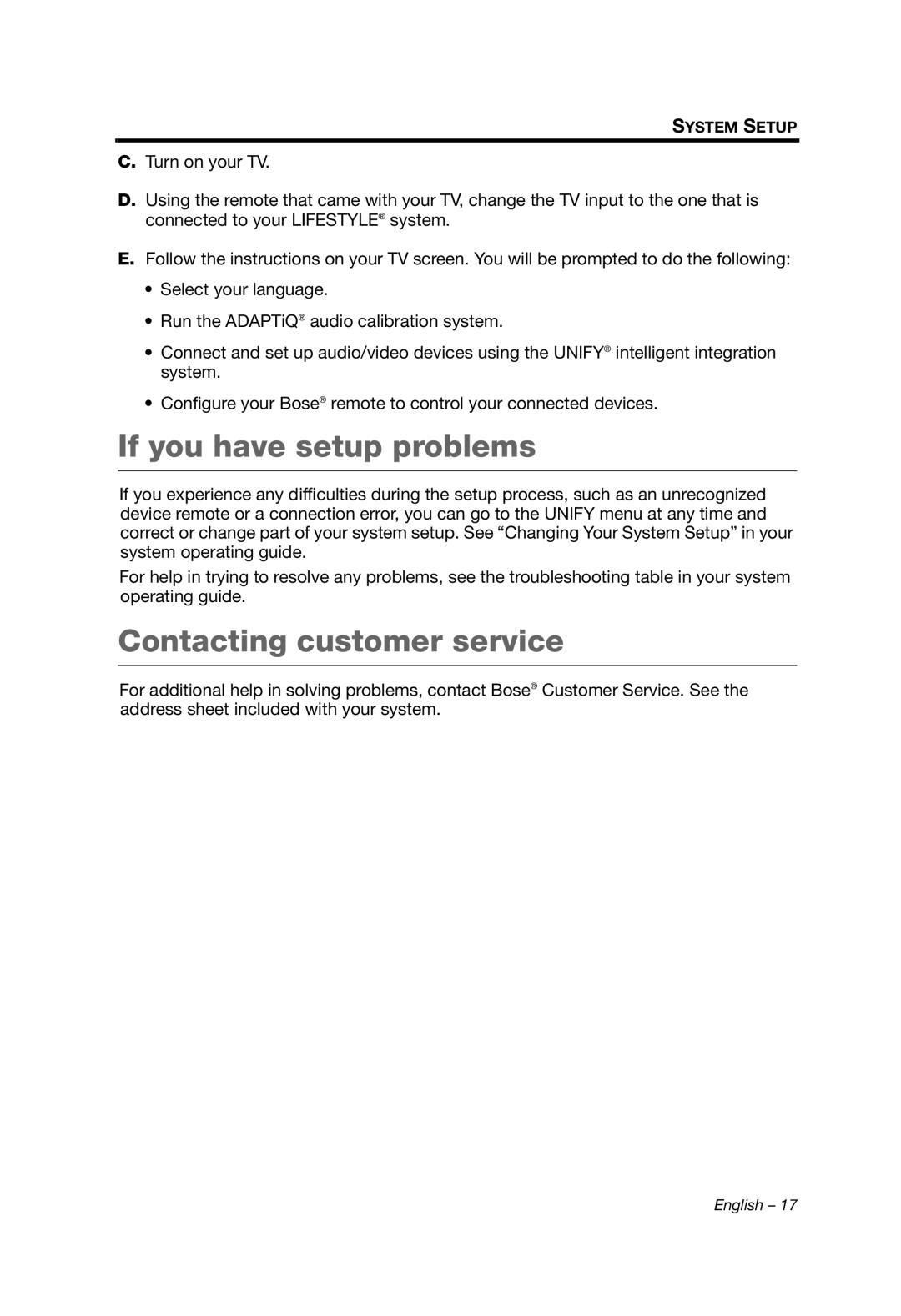 Bose 135 setup guide If you have setup problems, Contacting customer service 