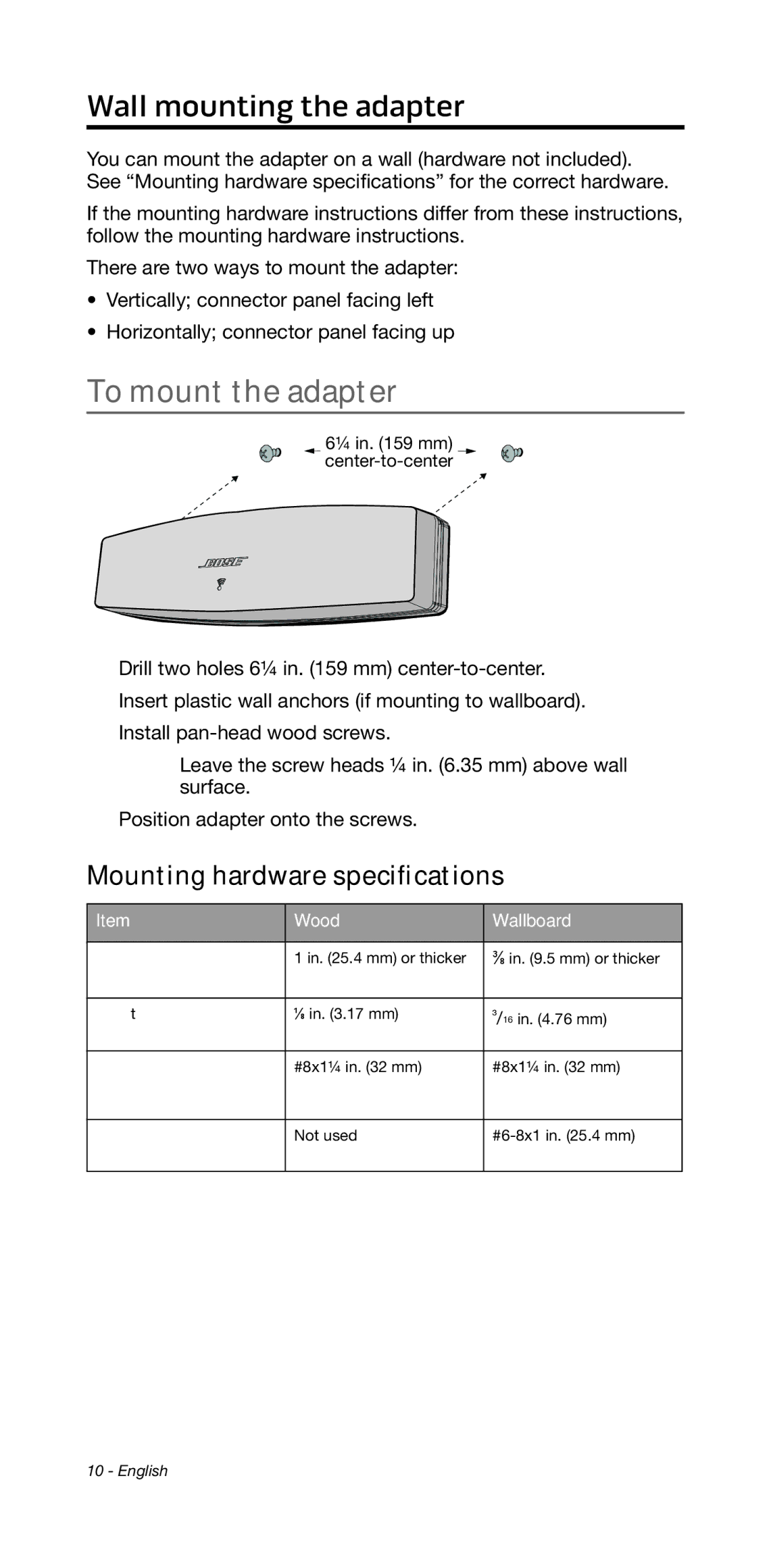 Bose 135/235 535/525 manual Wall mounting the adapter, To mount the adapter, Wood Wallboard 