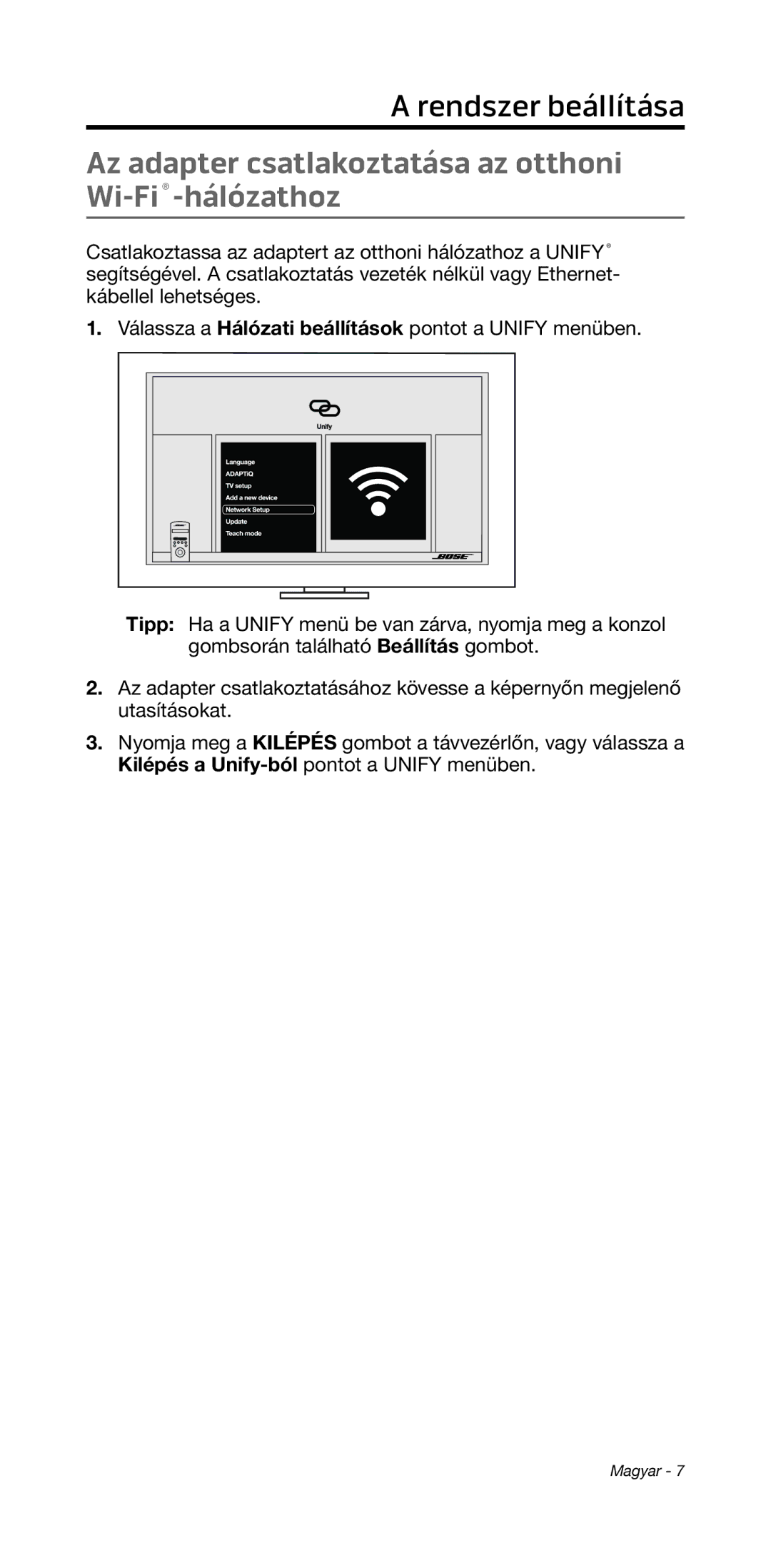 Bose 135/235 535/525 manual ﻿ rendszer beállítása﻿, Az adapter csatlakoztatása az otthoni Wi-Fi-hálózathoz 