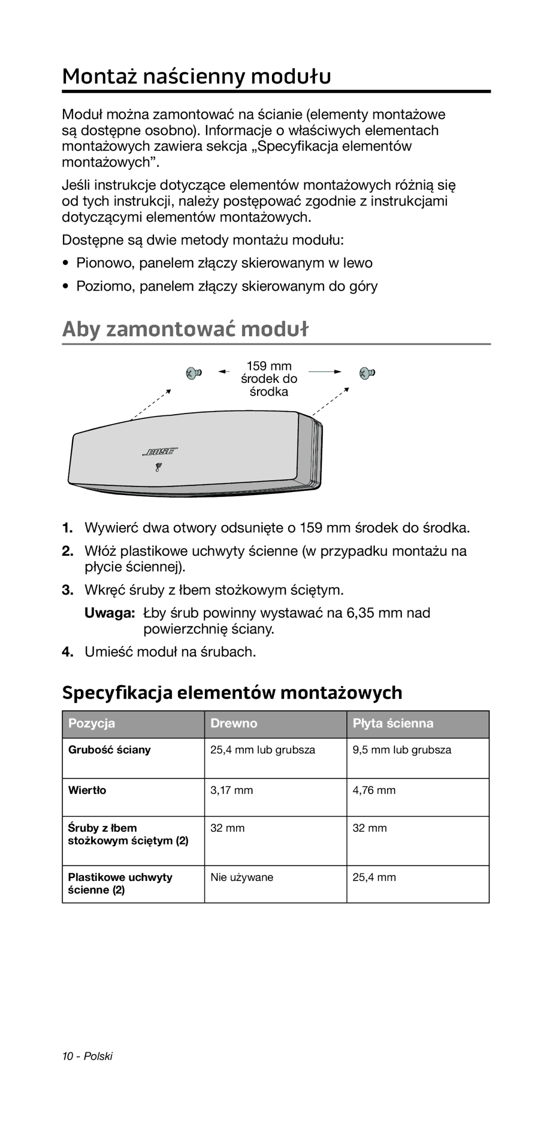 Bose 135/235 535/525 manual Montaż naścienny modułu, Aby zamontować moduł, Pozycja Drewno Płyta ścienna 