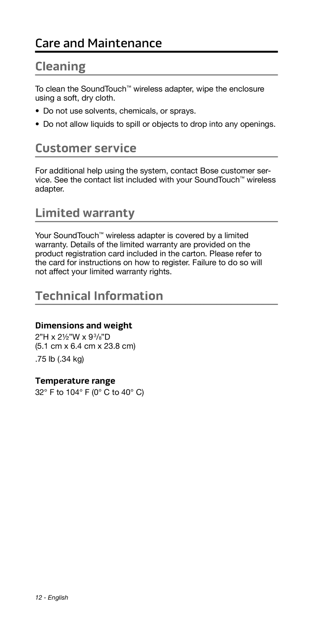 Bose 135/235 535/525 manual Cleaning, Customer service, Limited warranty, Technical Information 