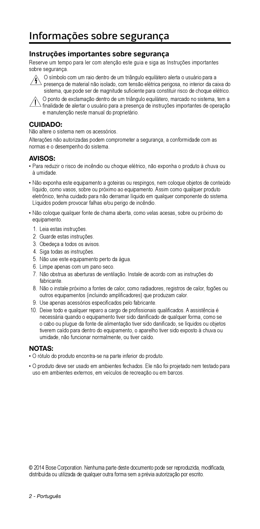 Bose 135/235 535/525 manual Informações﻿sobre segurança, Instruções importantes sobre segurança, Cuidado, Avisos 