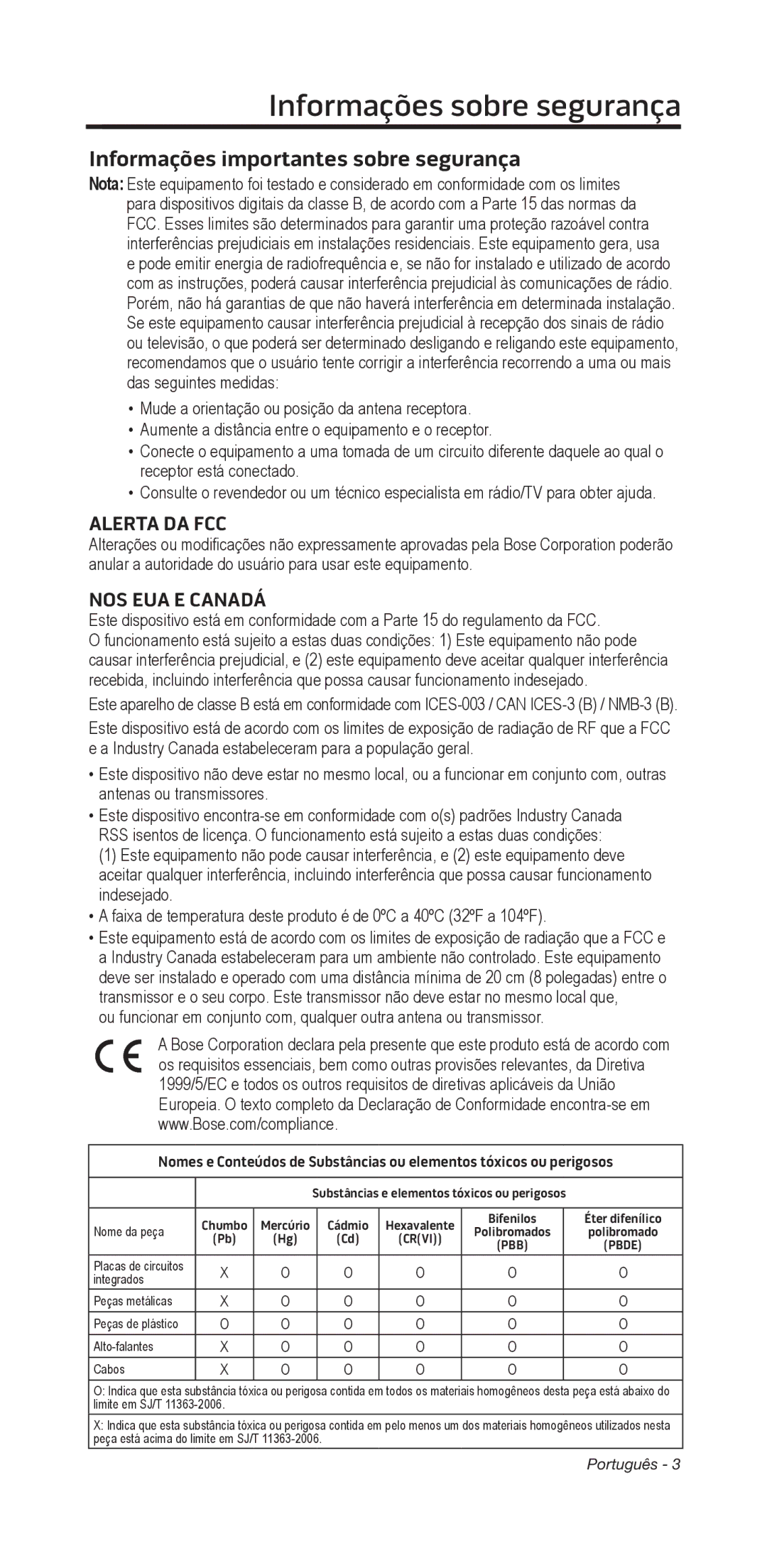 Bose 135/235 535/525 manual Informações﻿sobre segurança﻿, Informações importantes sobre segurança, Alerta DA FCC 