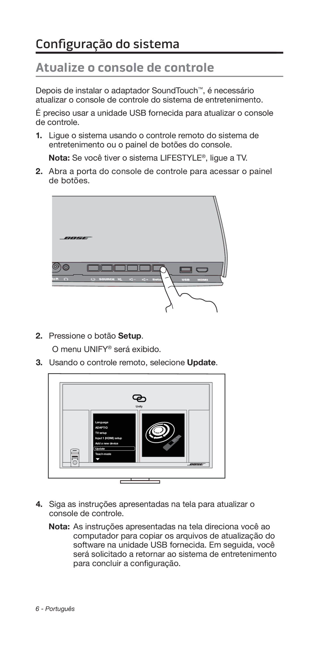 Bose 135/235 535/525 manual Configuração﻿do sistema, Atualize o console de controle 