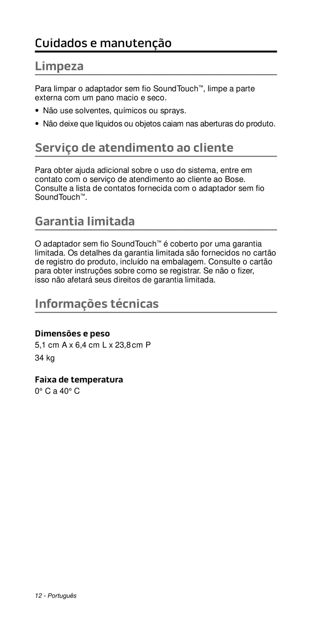 Bose 135/235 535/525 manual Limpeza, Serviço de atendimento ao cliente, Garantia limitada, Informações técnicas 