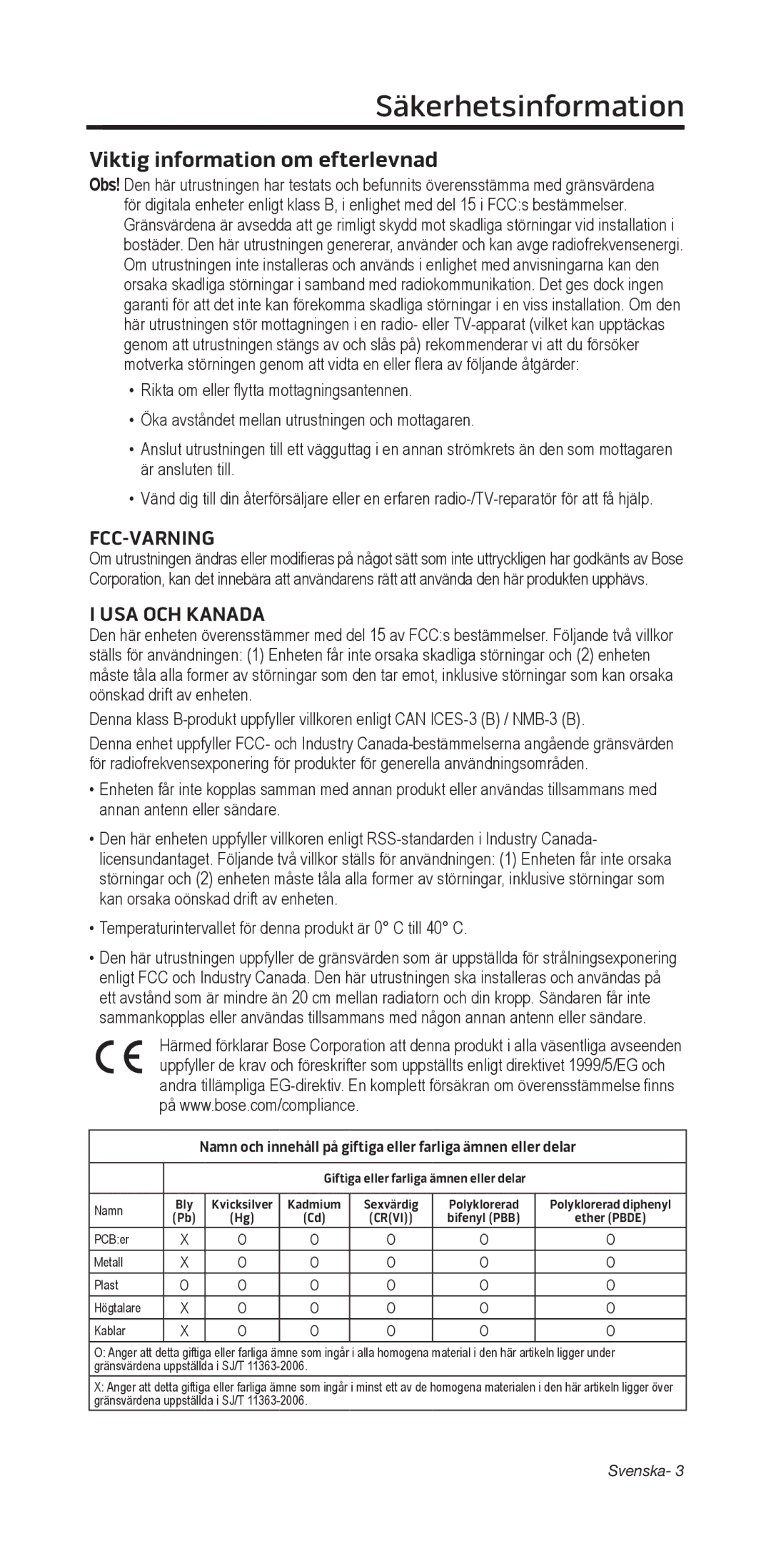 Bose 135/235 535/525 manual Säkerhetsinformation﻿, Viktig information om efterlevnad, Fcc-Varning, USA och Kanada 