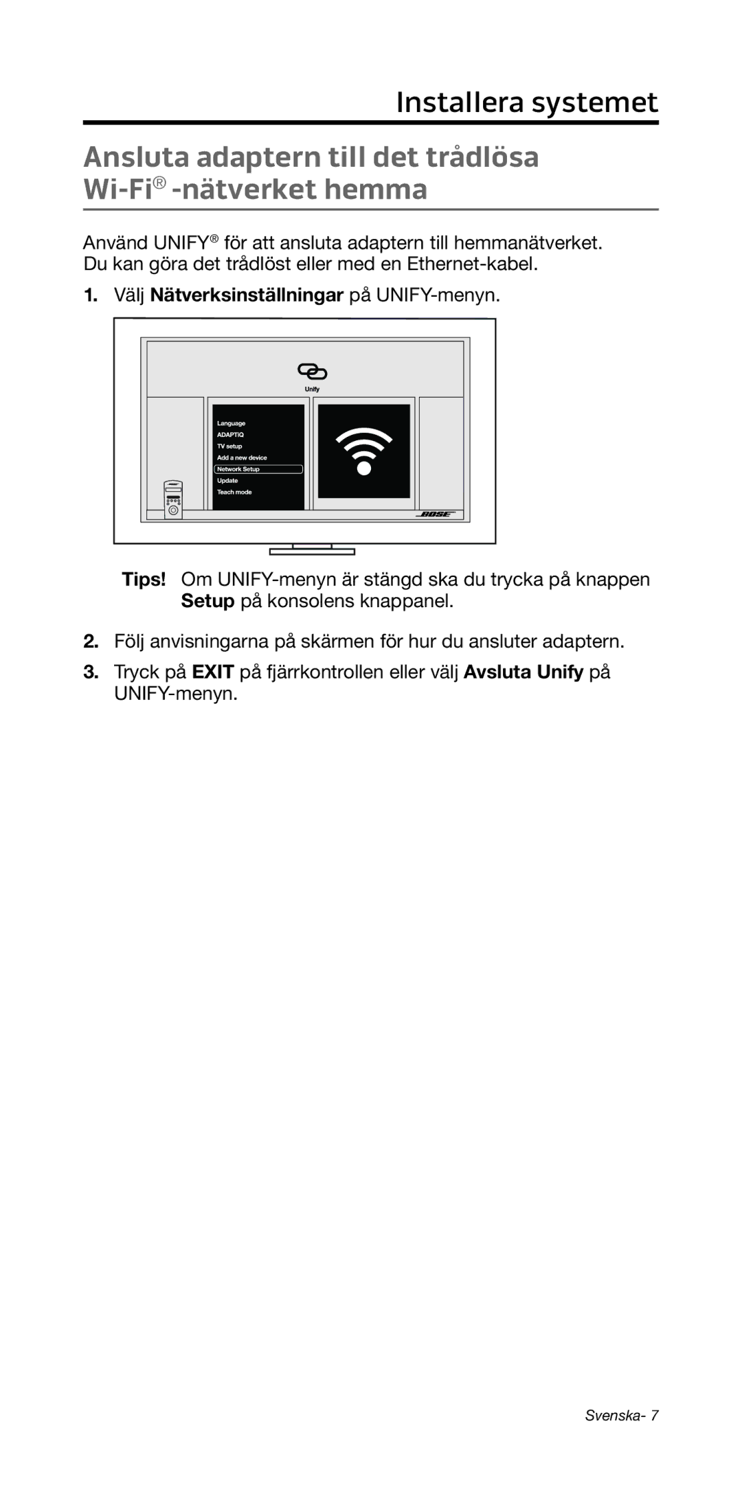 Bose 135/235 535/525 manual Installera systemet﻿, Ansluta adaptern till det trådlösa Wi-Fi-nätverket hemma 