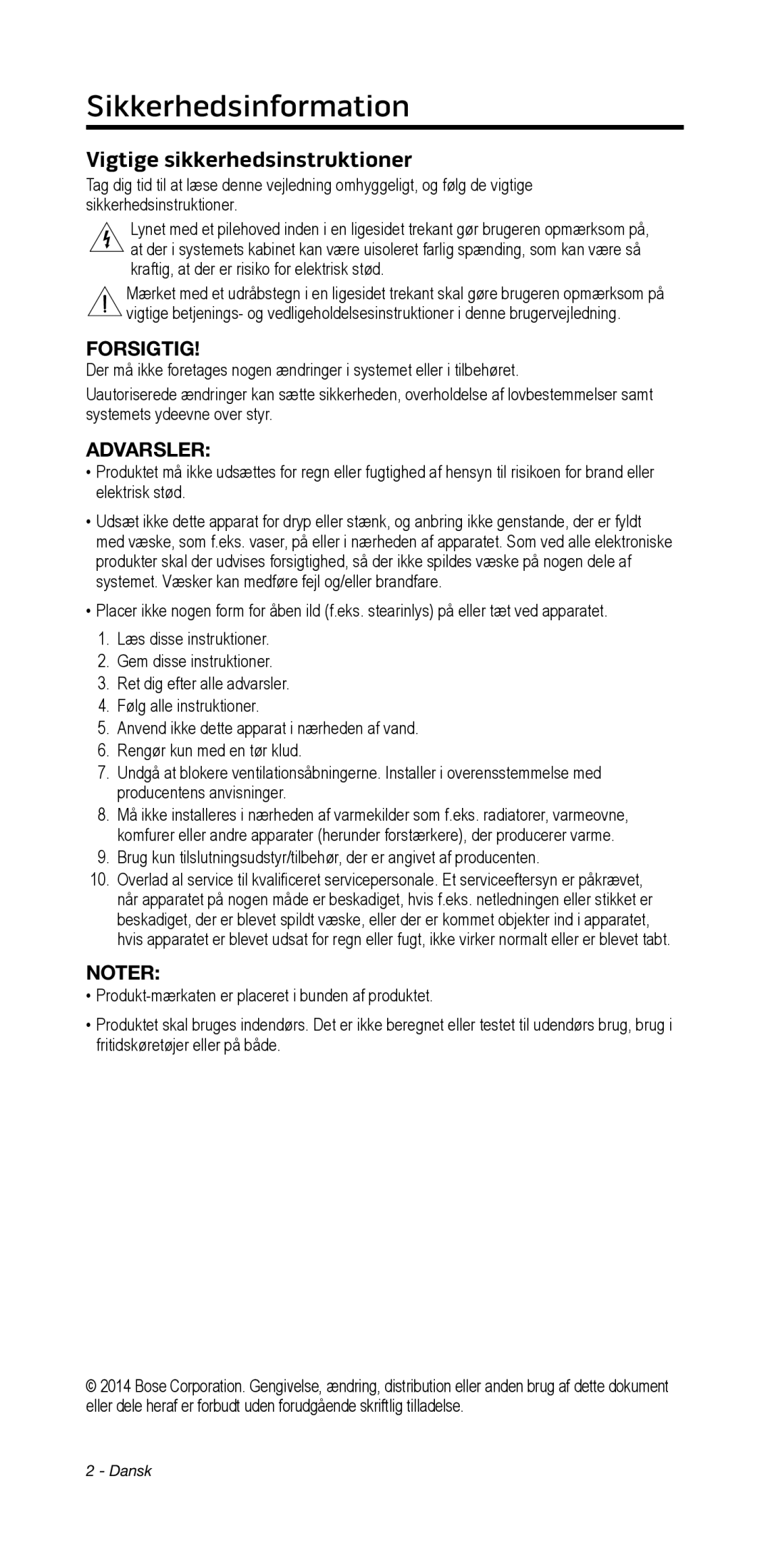 Bose 135/235 535/525 manual Sikkerhedsinformation, Vigtige sikkerhedsinstruktioner, Forsigtig, Advarsler 