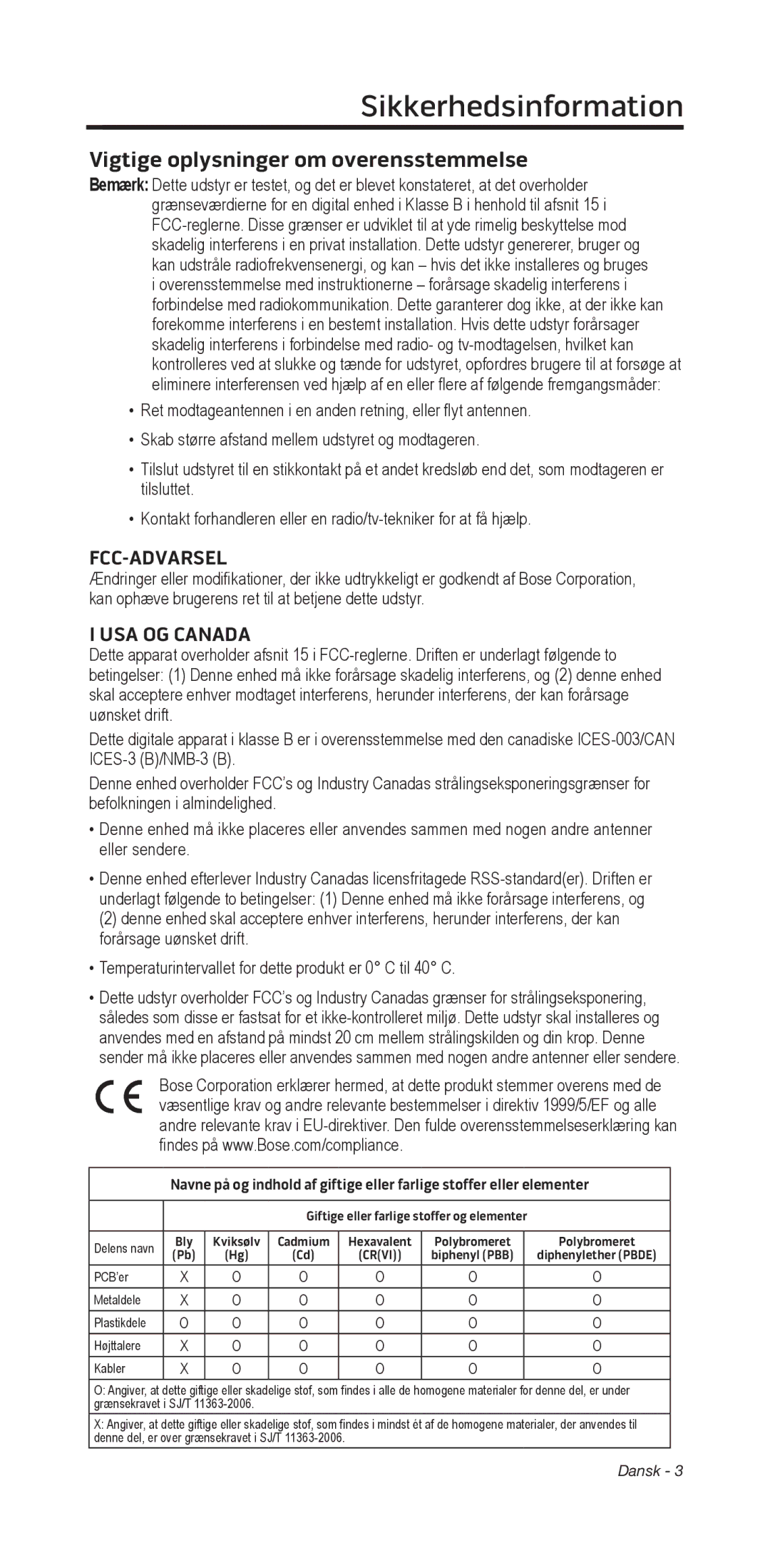 Bose 135/235 535/525 manual Sikkerhedsinformation﻿, Vigtige oplysninger om overensstemmelse, Fcc-Advarsel, USA og Canada 