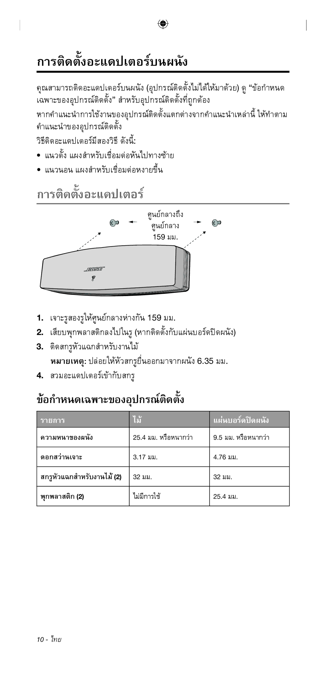 Bose 135/235 535/525 manual ความหนาของผนัง, ดอกสว่านเจาะ, พุกพลาสติก2 