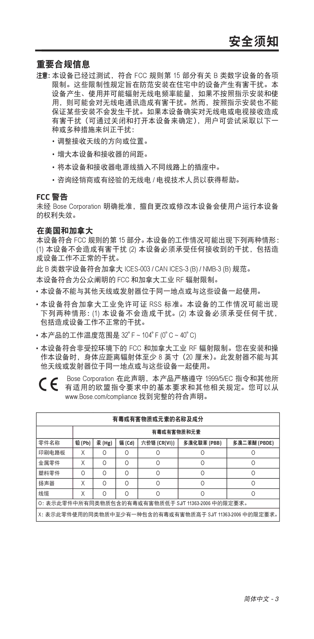 Bose 135/235 535/525 manual 重要合规信息, Fcc 警告 