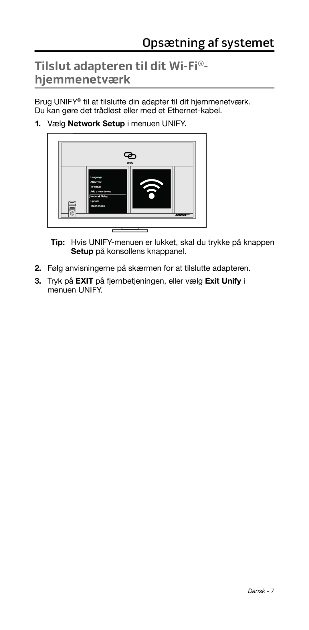 Bose 135/235 535/525 manual Opsætning﻿ af systemet﻿, Tilslut adapteren til dit Wi-Fi- hjemmenetværk 