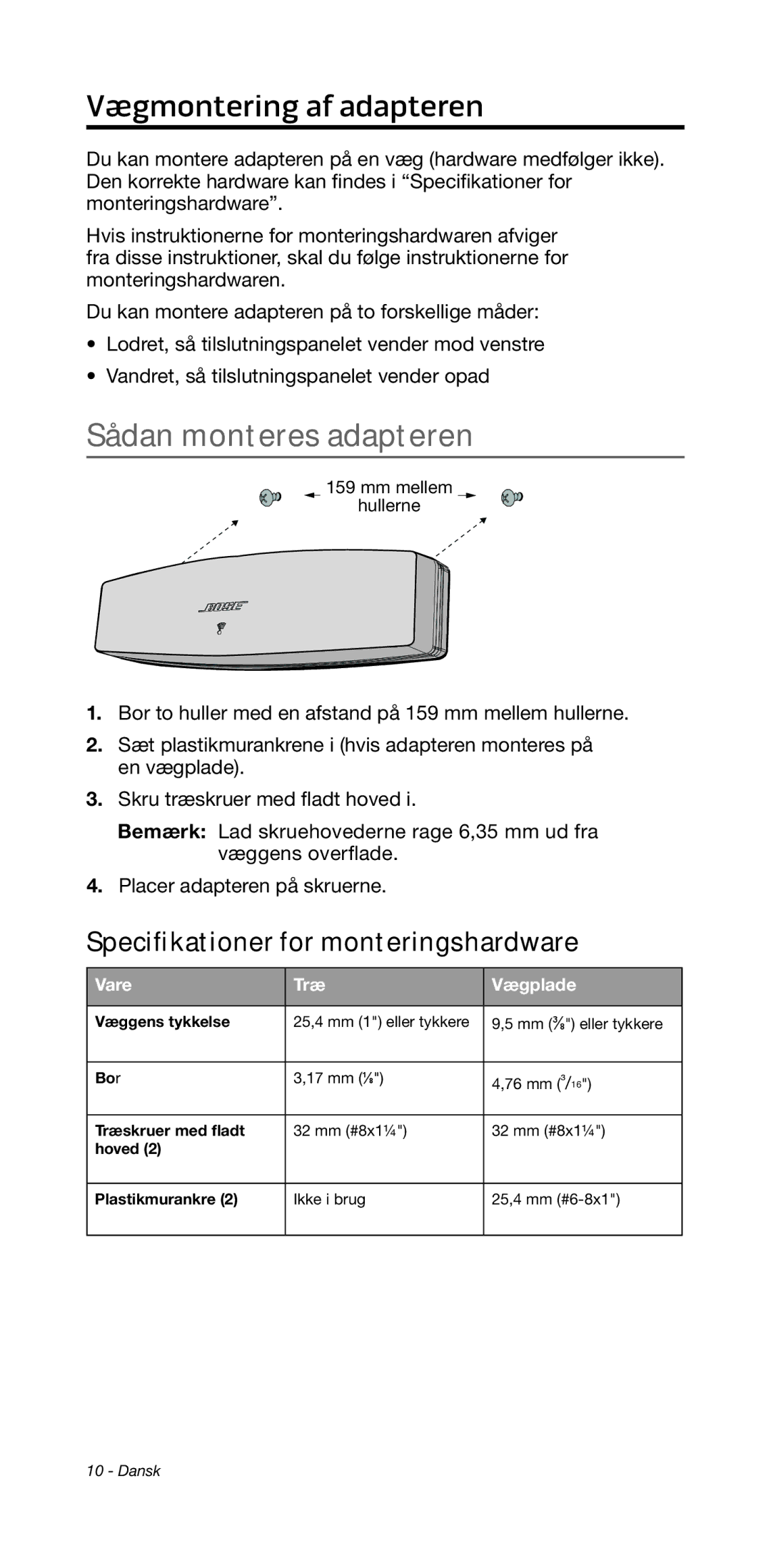 Bose 135/235 535/525 manual Vægmontering af adapteren, Sådan monteres adapteren, Vare Træ Vægplade 