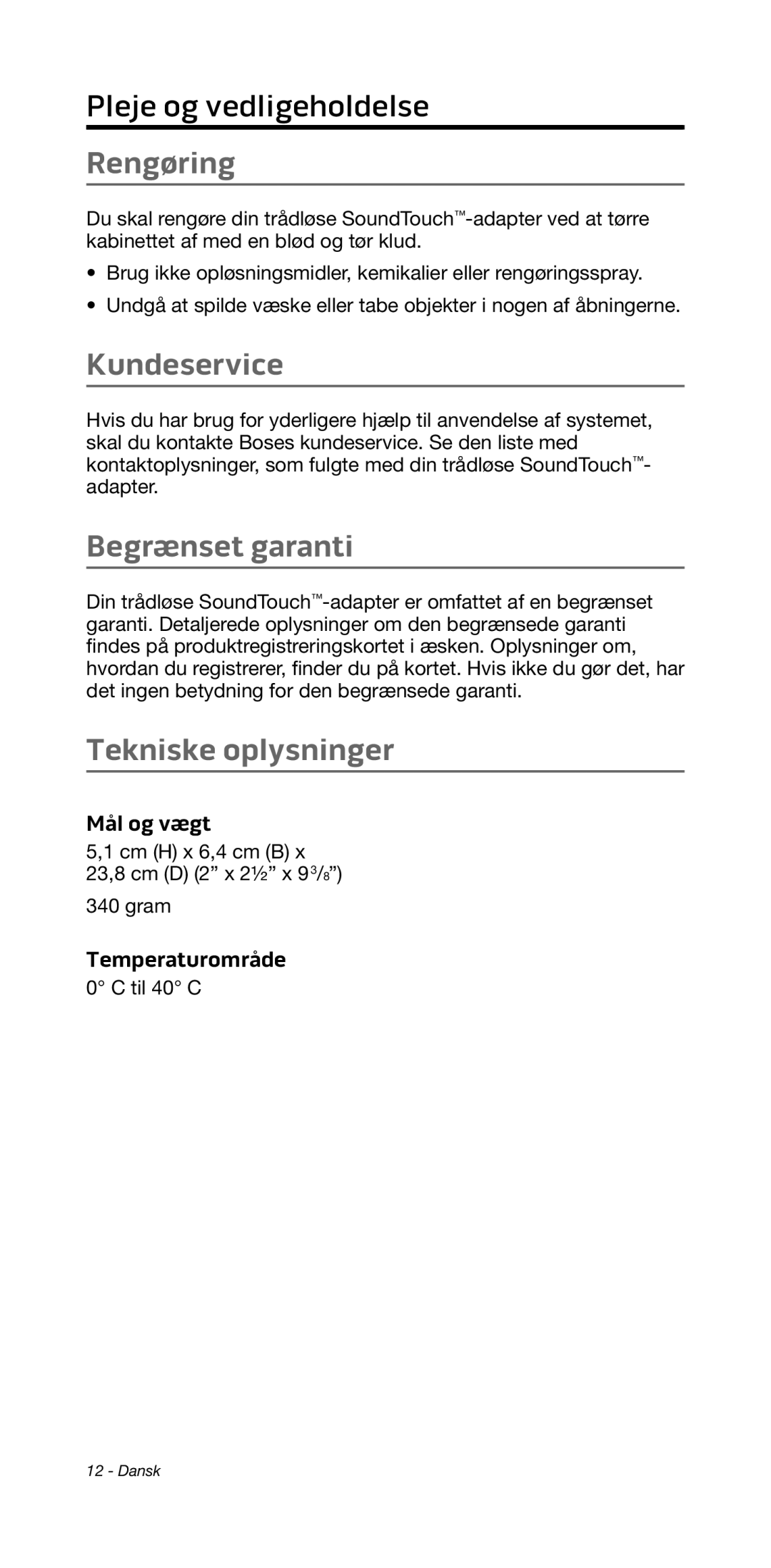 Bose 135/235 535/525 manual Rengøring, Kundeservice, Begrænset garanti, Tekniske oplysninger 