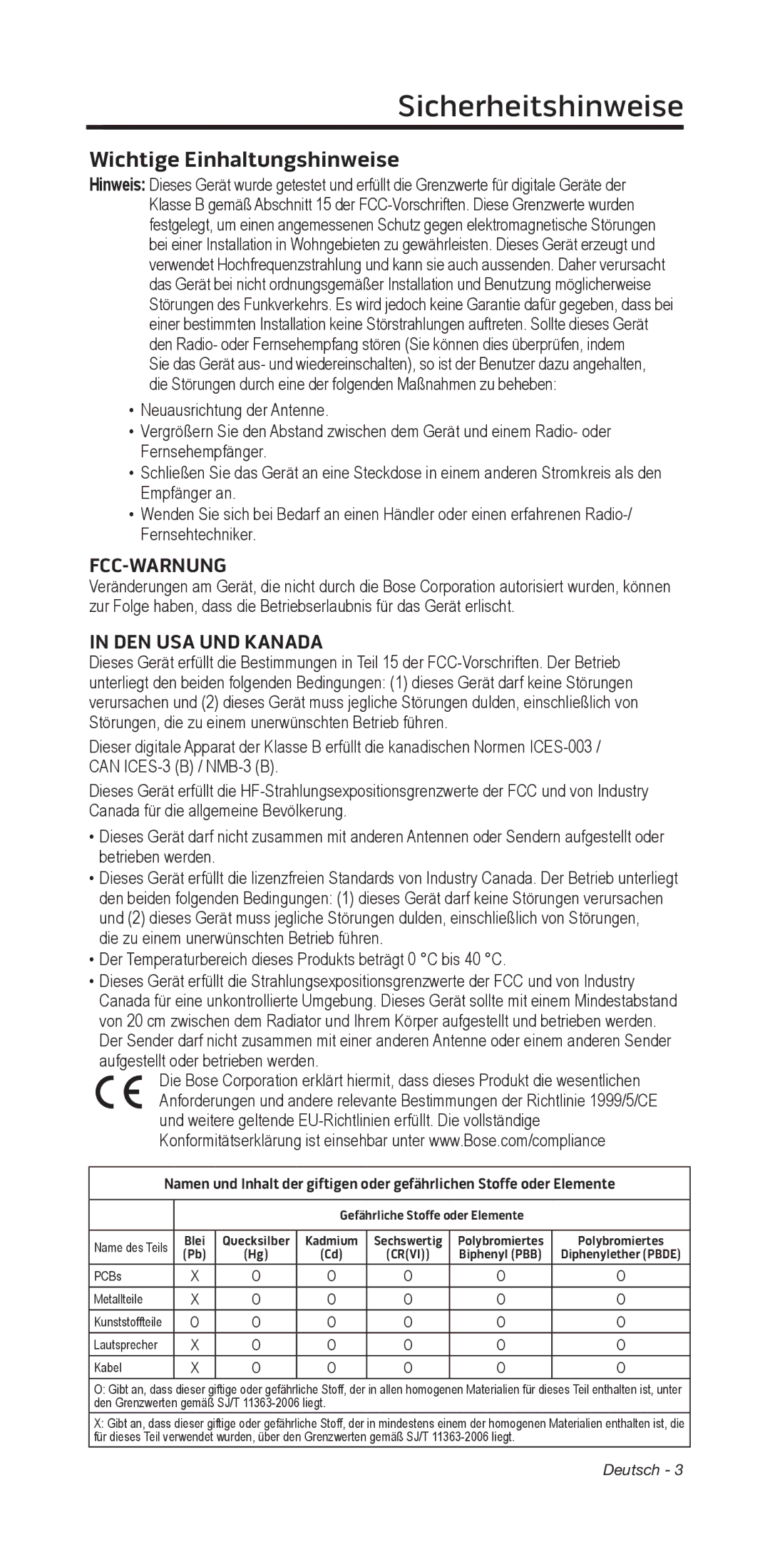 Bose 135/235 535/525 manual Sicherheitshinweise﻿, Wichtige Einhaltungshinweise, Fcc-Warnung, Den USA und Kanada 