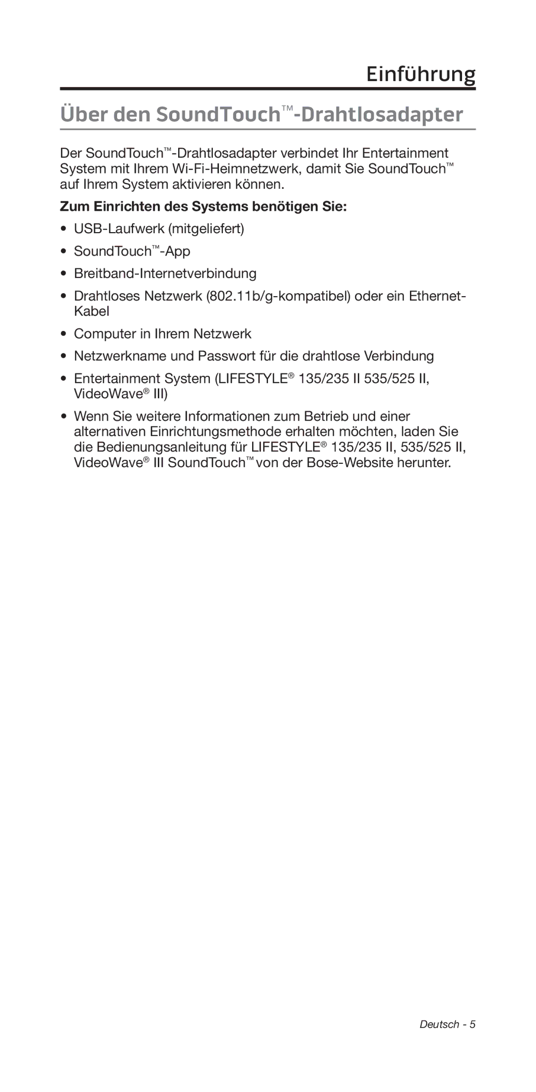 Bose 135/235 535/525 manual Einführung, Über den SoundTouch-Drahtlosadapter, Zum Einrichten des Systems benötigen Sie 