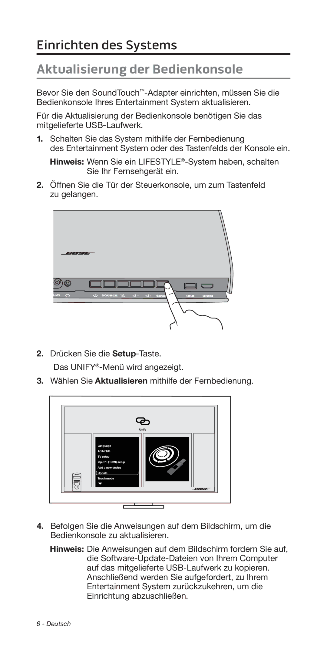 Bose 135/235 535/525 manual Einrichten﻿ des Systems, Aktualisierung der Bedienkonsole 