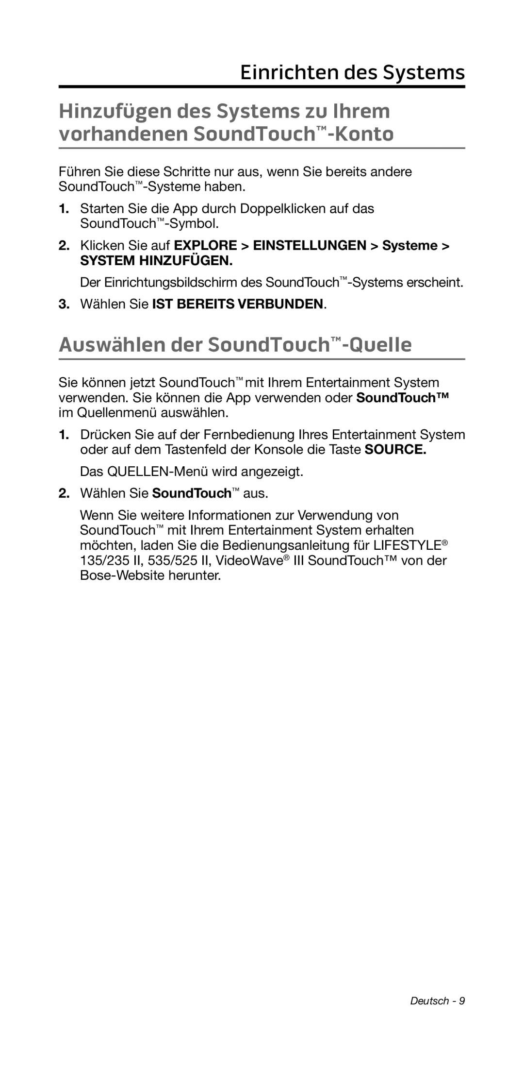 Bose 135/235 535/525 Auswählen der SoundTouch-Quelle, Klicken Sie auf Explore Einstellungen Systeme, System Hinzufügen 