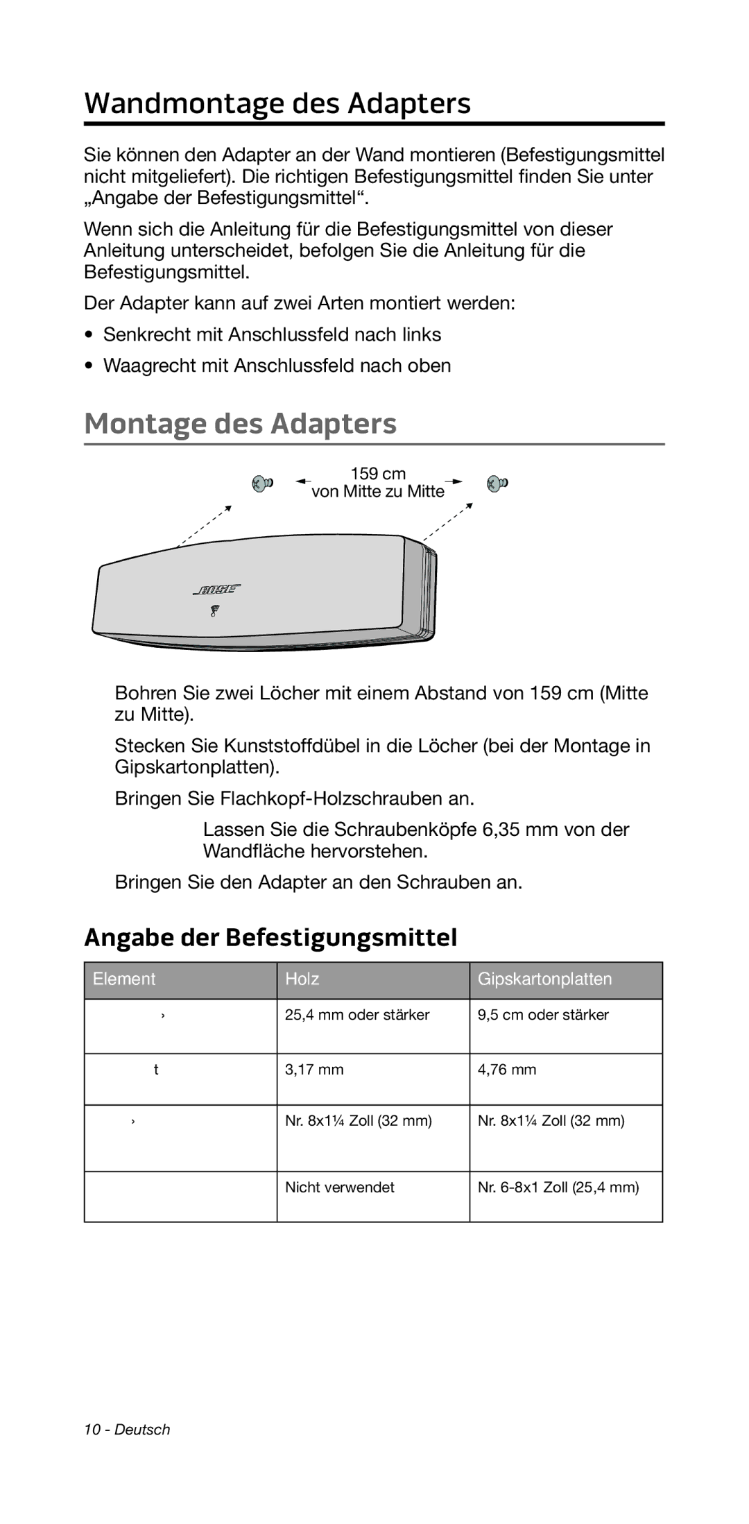 Bose 135/235 535/525 manual Wandmontage des Adapters, Montage des Adapters, Element Holz Gipskartonplatten 