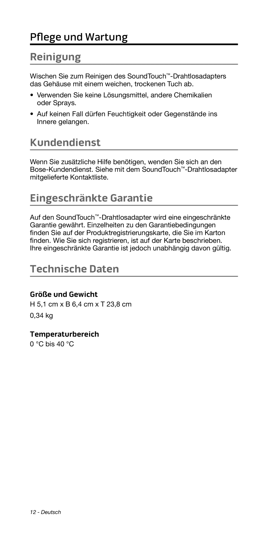 Bose 135/235 535/525 manual Reinigung, Kundendienst, Eingeschränkte Garantie, Technische Daten 