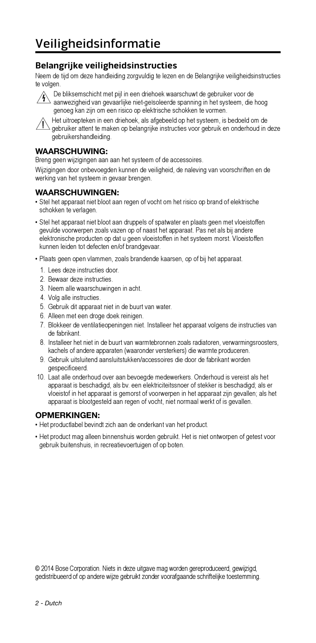 Bose 135/235 535/525 manual Veiligheidsinformatie, Belangrijke veiligheidsinstructies, Waarschuwingen, Opmerkingen 