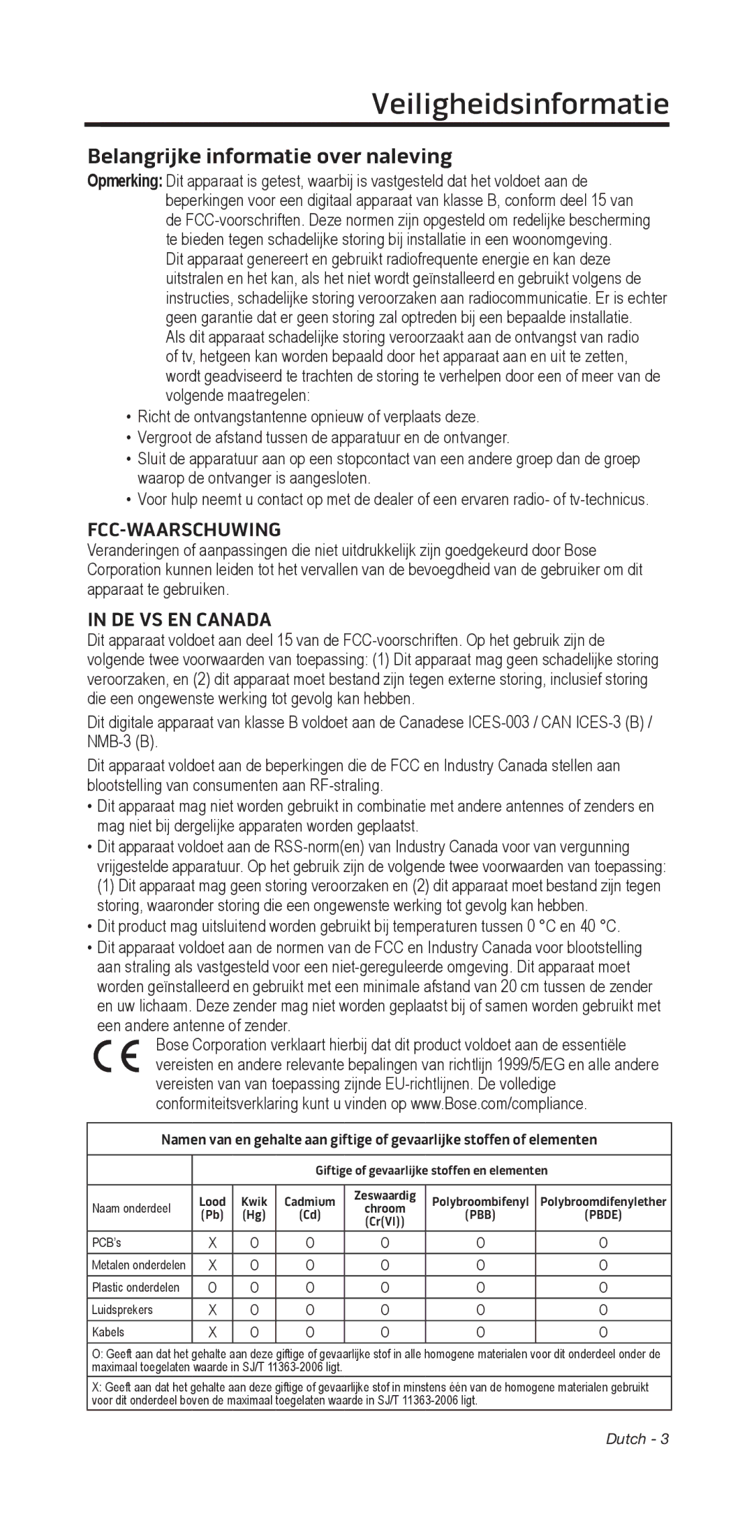 Bose 135/235 535/525 manual Veiligheidsinformatie﻿, Belangrijke informatie over naleving, Fcc-Waarschuwing, De VS en Canada 