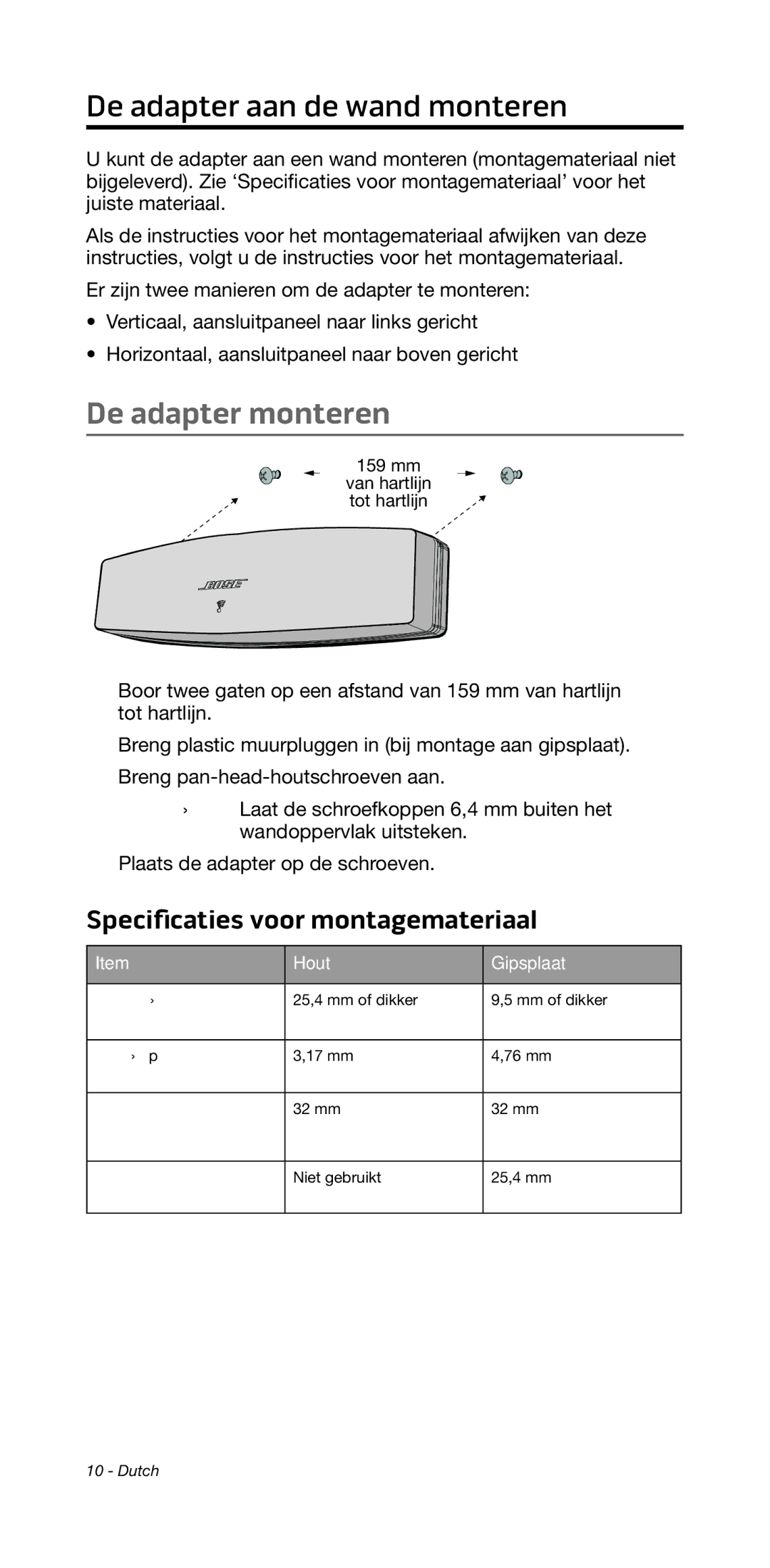 Bose 135/235 535/525 manual De adapter aan de wand monteren, De adapter monteren, Hout Gipsplaat 