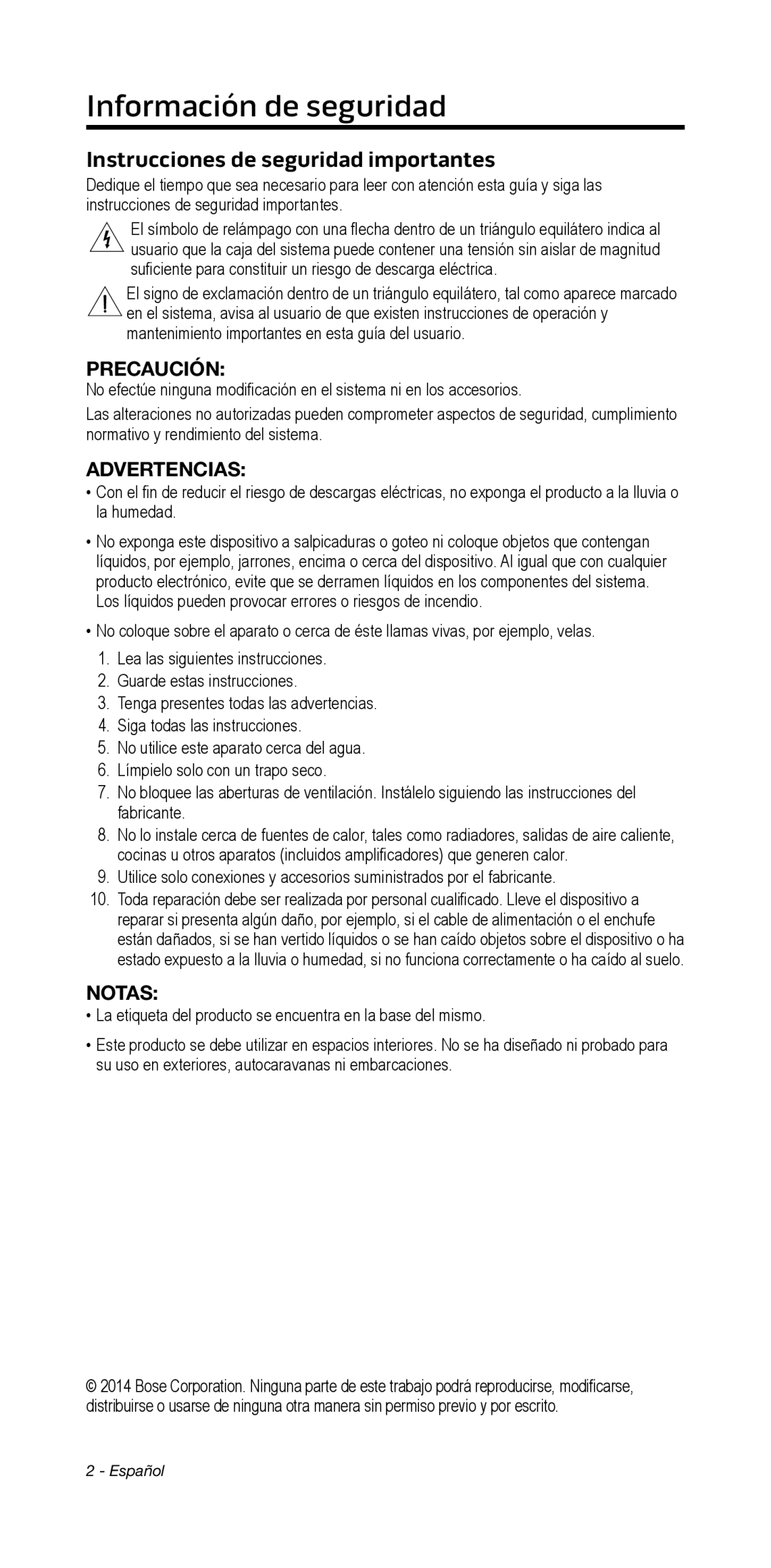 Bose 135/235 535/525 Información﻿de seguridad, Instrucciones de seguridad importantes, Precaución, Advertencias, Notas 