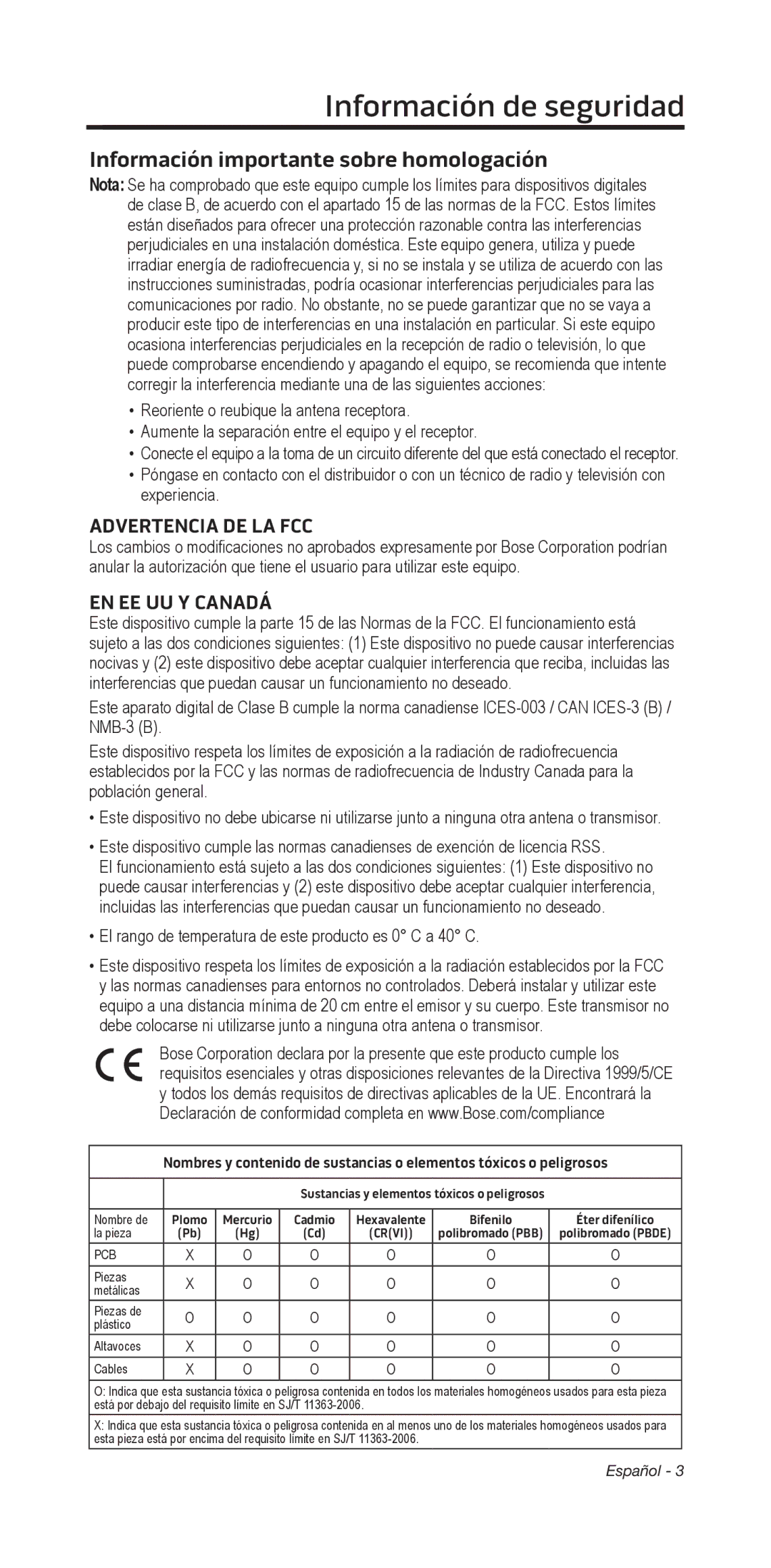 Bose 135/235 535/525 manual Información﻿de seguridad﻿, Información importante sobre homologación, Advertencia DE LA FCC 