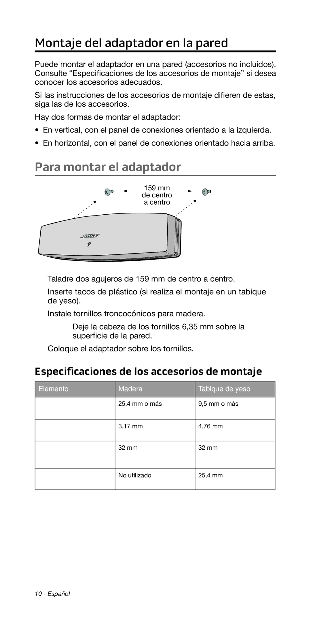 Bose 135/235 535/525 manual Montaje del adaptador en la pared, Para montar el adaptador, Elemento Madera Tabique de yeso 