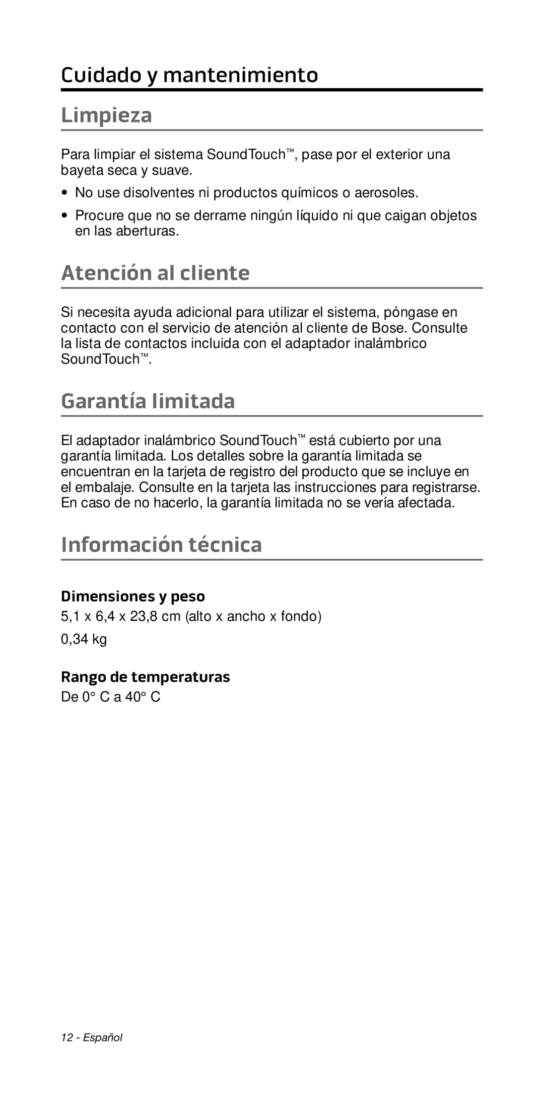 Bose 135/235 535/525 manual Limpieza, Atención al cliente, Garantía limitada, Información técnica 