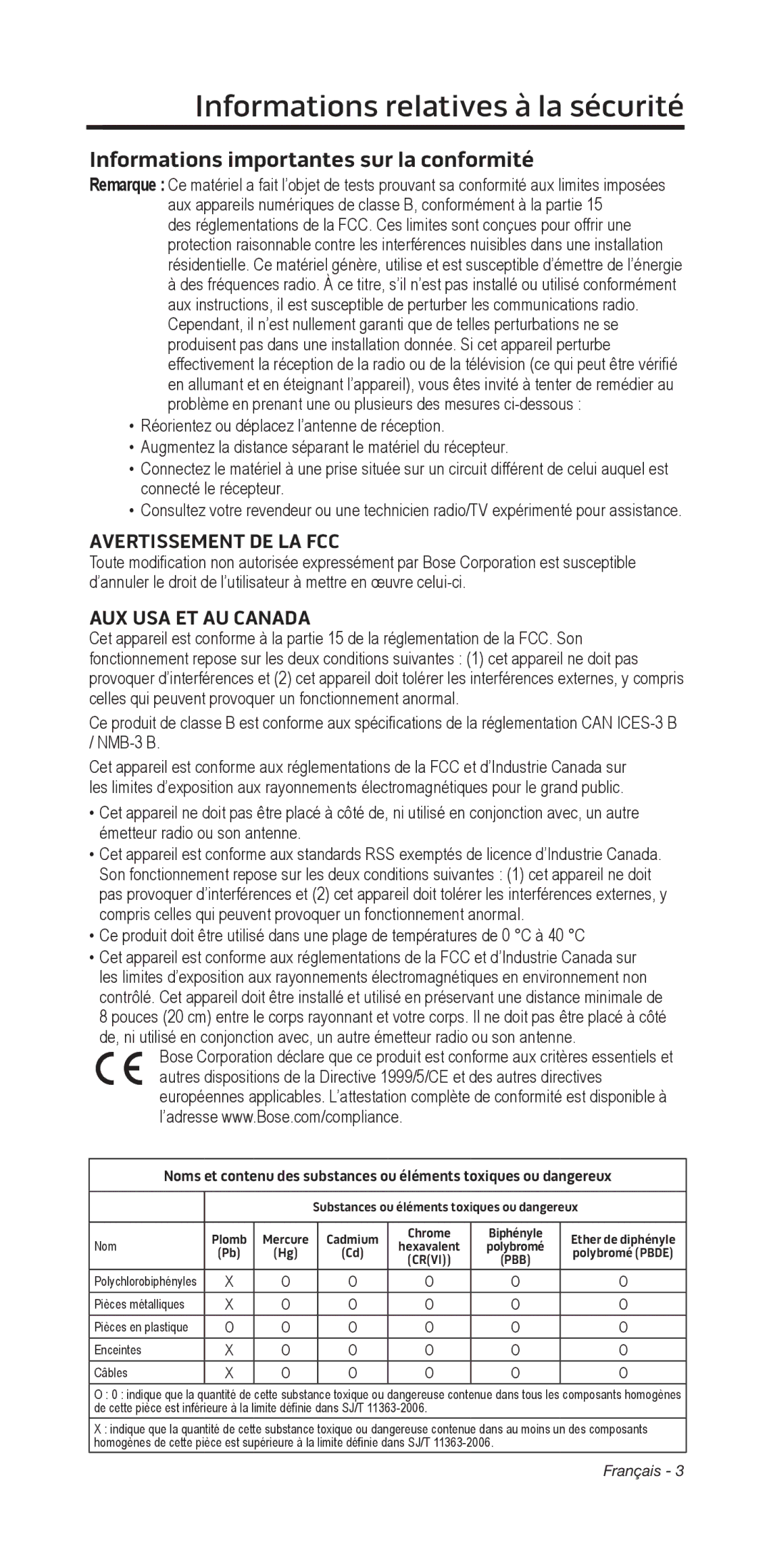 Bose 135/235 535/525 manual Informations﻿relatives à la sécurité﻿, Informations importantes sur la conformité 