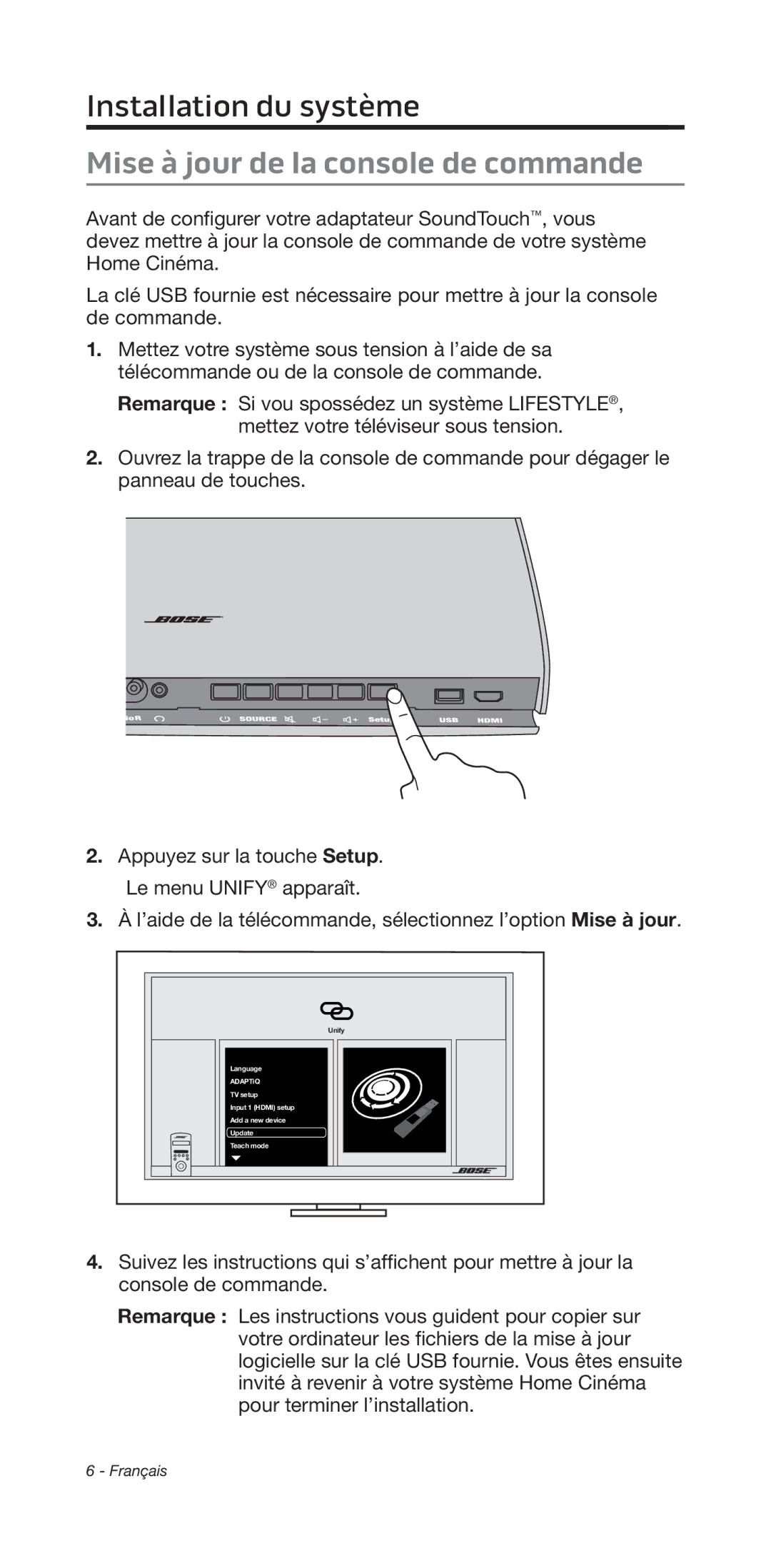 Bose 135/235 535/525 manual Installation﻿du système, Mise à jour de la console de commande 