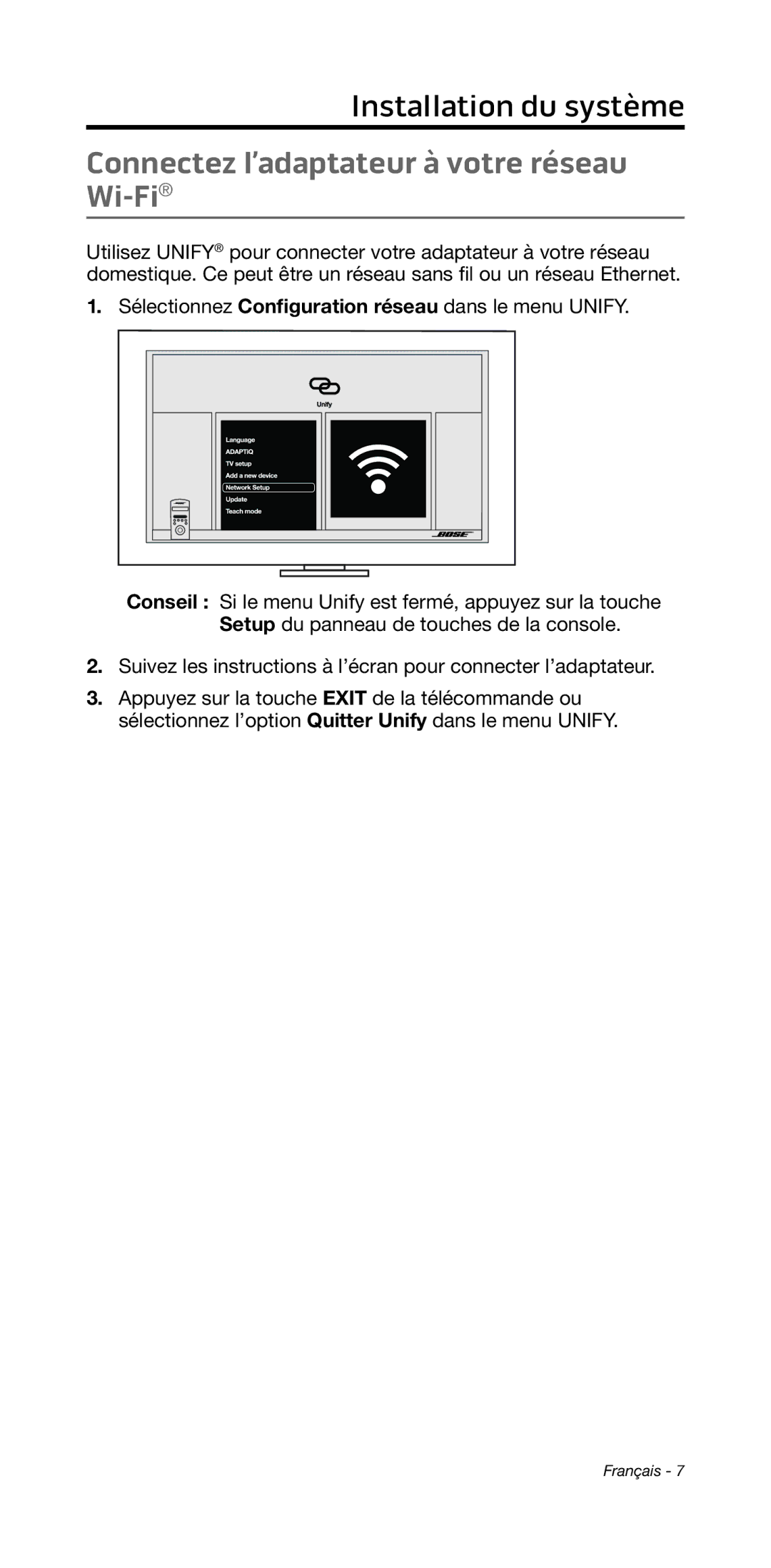 Bose 135/235 535/525 manual Installation﻿du système﻿, Connectez l’adaptateur à votre réseau Wi-Fi 